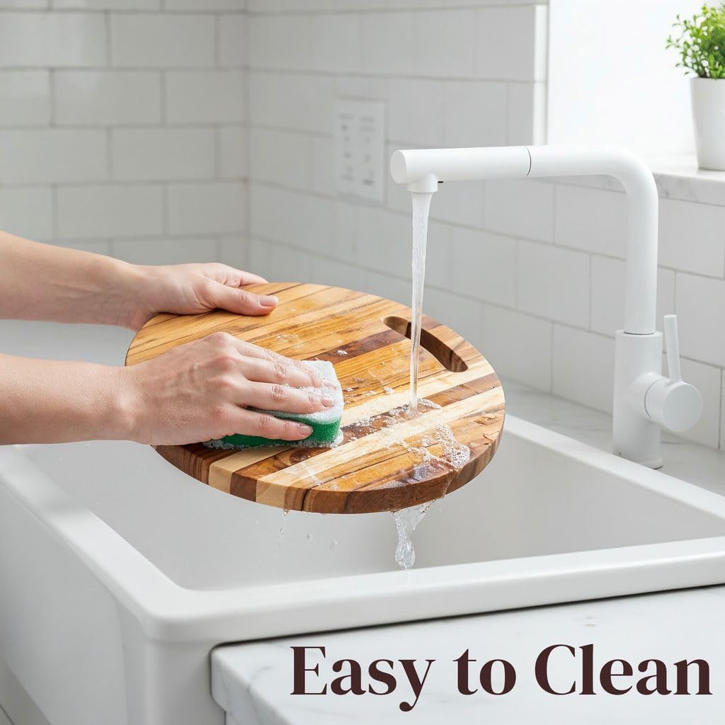 Teak Wood Round Cutting Board 12" x 12" x 0.6" Thin Edge Grain for Kitchen Prep, Cheese, Fruit, Serving - Lightweight Solid Wood Platter w/Hanging Hole, Non-Toxic by New M Way