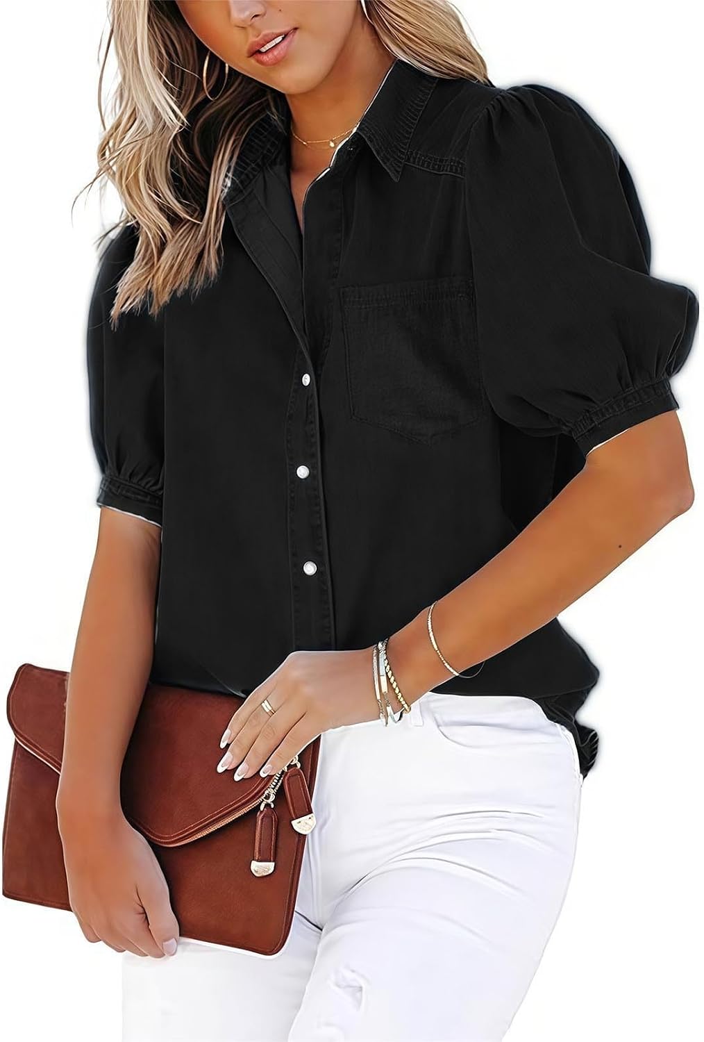 Puff Sleeve Blouse for Women Fashion Button Down Casual Shirts Summer Short Sleeve Collared Tops with Pocket