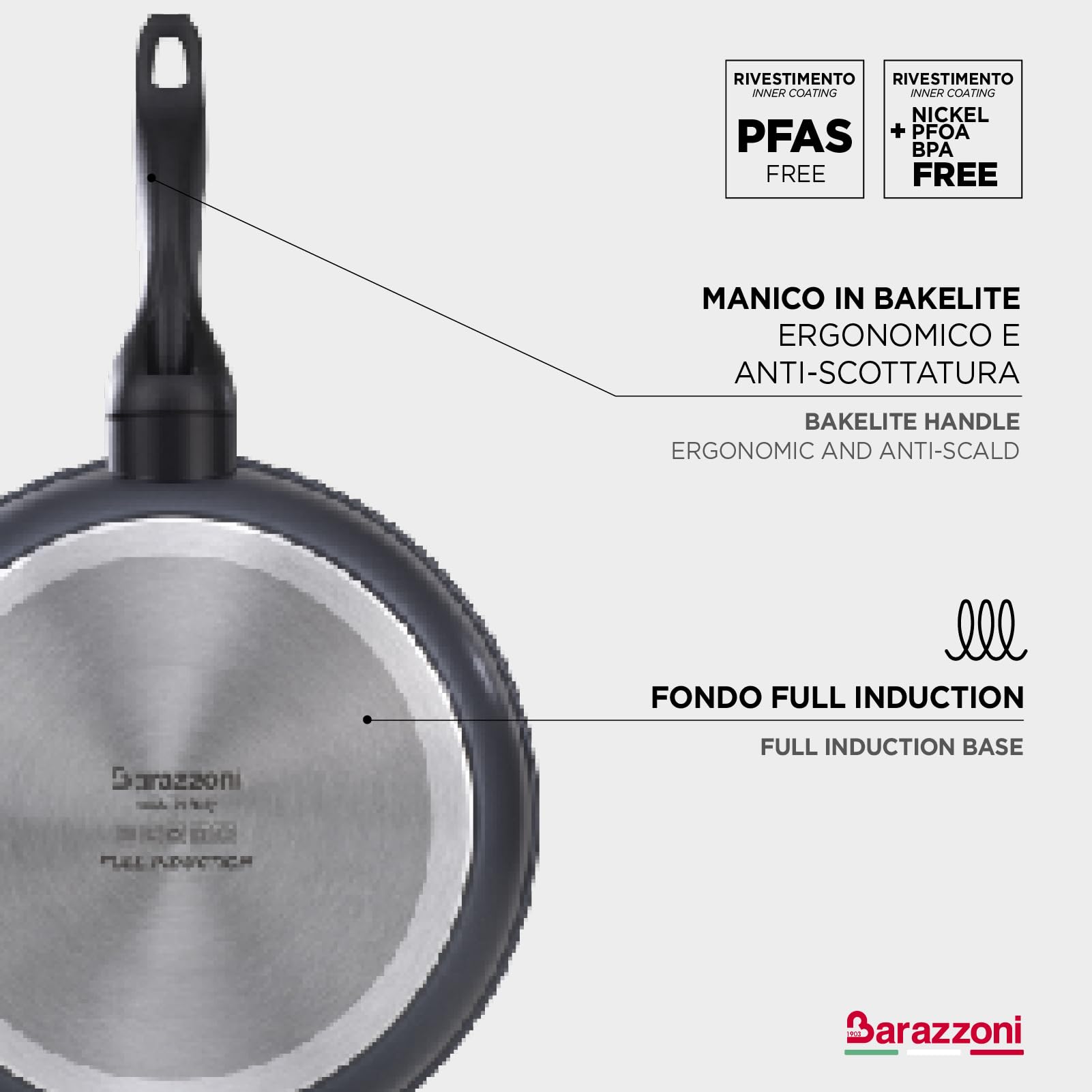Barazzoni, Poêle avec revêtement en céramique, aluminium, ø28 cm, poignée ergonomique, convient également pour induction, sans phase, fabriquée en Italie