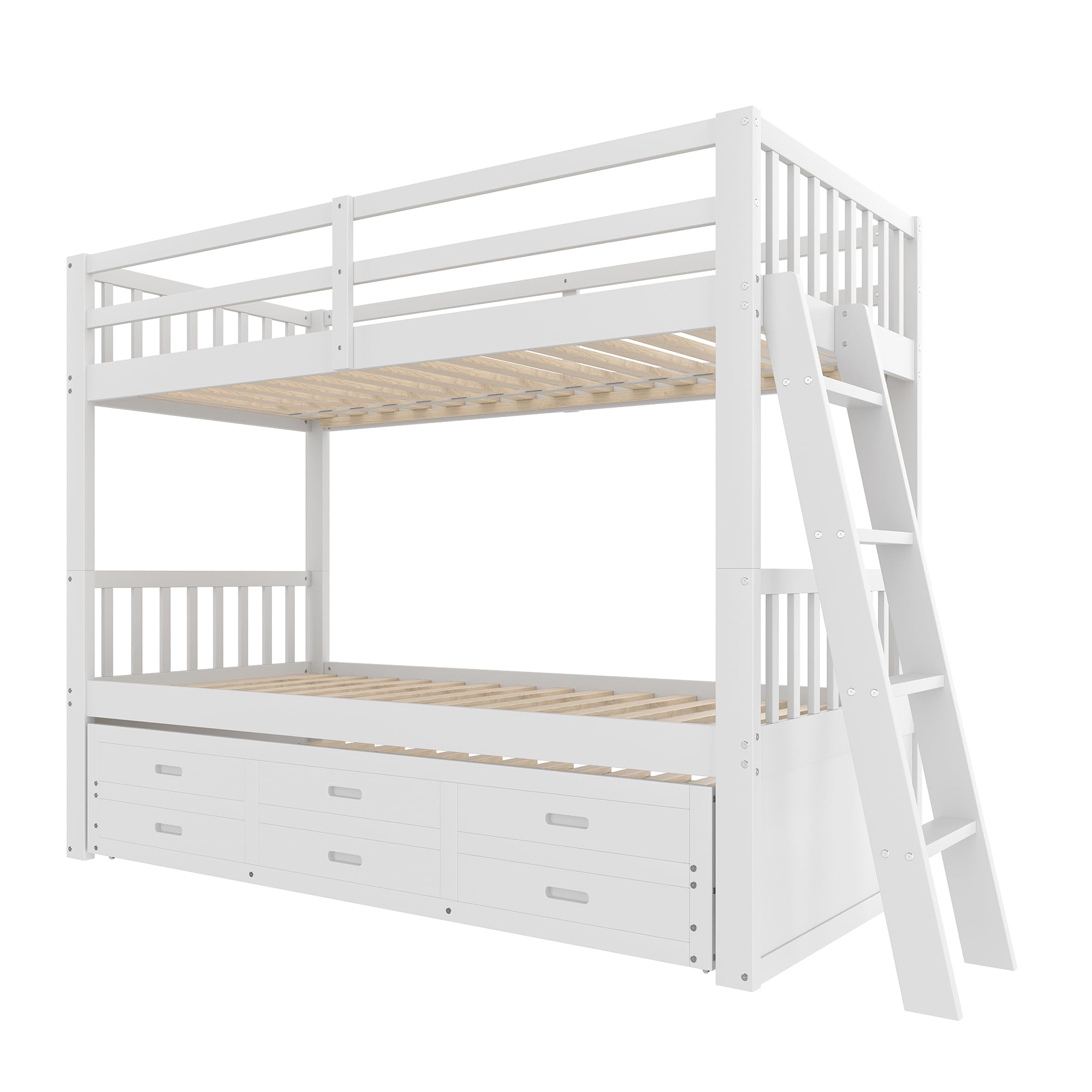 Letto a castello, 90 x 200 cm, senza materasso, per ragazze e ragazzi, struttura per letto in legno di pino MDF con scala, letto estraibile a 3 cassetti, bianco