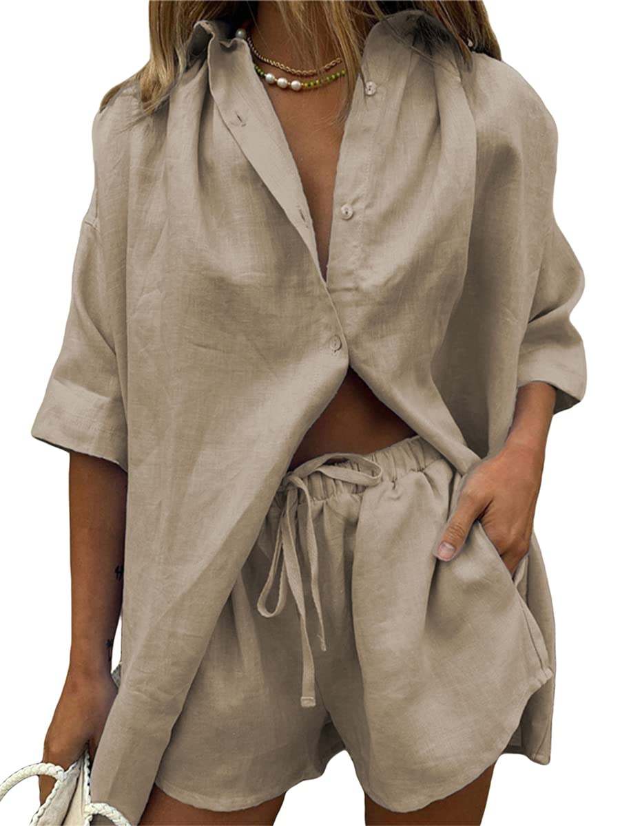Springcmy Conjunto deportivo casual de 2 piezas para mujer, de algodón y lino, de manga larga, con botones y pantalones cortos Y2K de cintura alta con cordón
