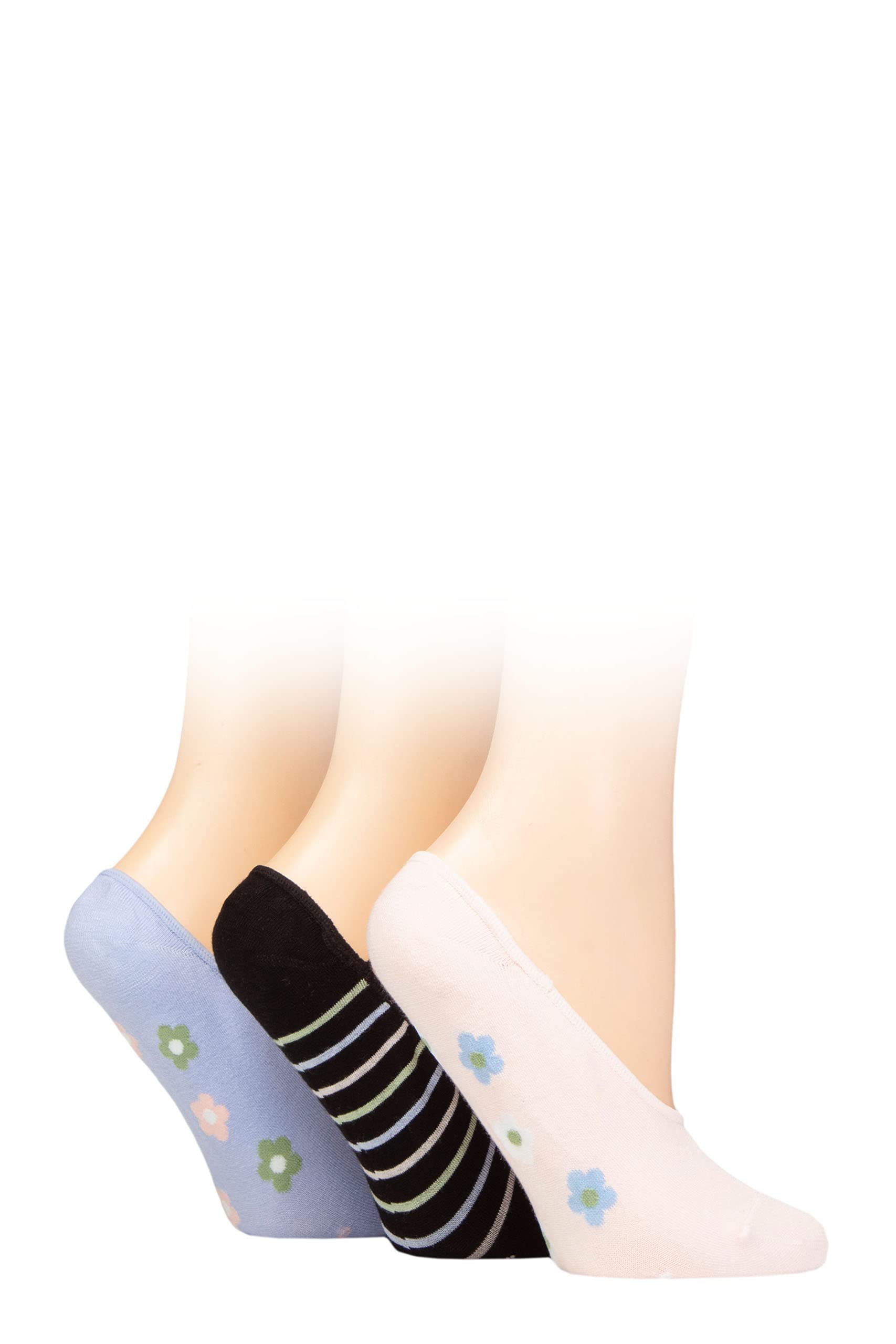 Sockshop Women's Bluebell Plain And Patterned Bamboo Shoe Liners Pack Of 3 4-8