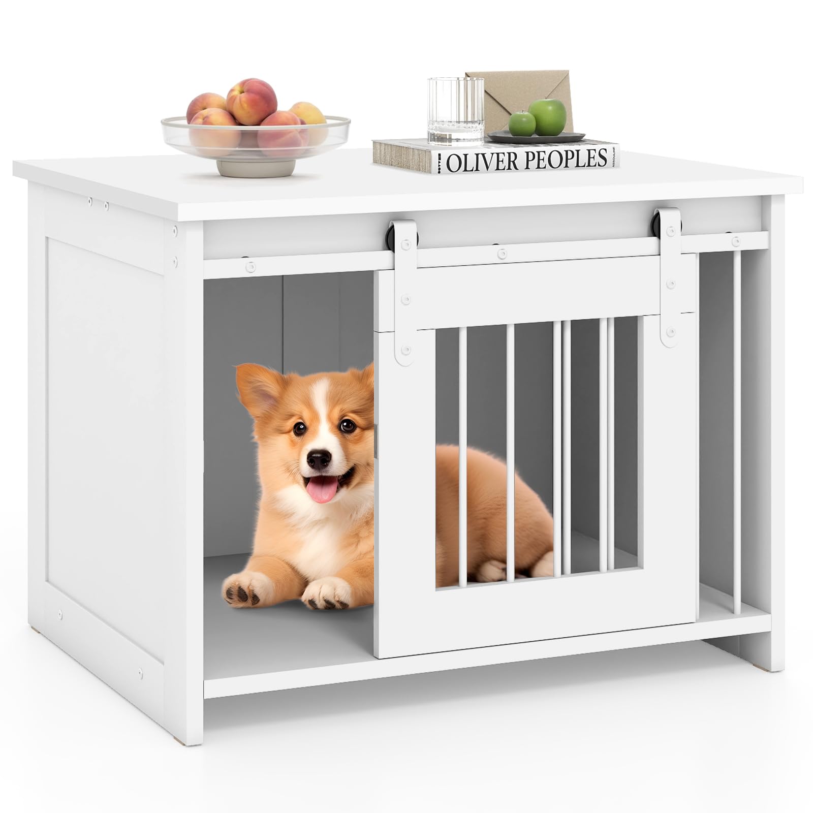 GOPLUS Jaula para Perros, Jaula para Mascotas con Bandeja Grande, Puerta Corrediza, Tubos Metálicos, Mueble Nido Interior para Perros Pequeños y Medianos, Mesa Auxiliar 80 x 60 x 60 CM (Blanco)