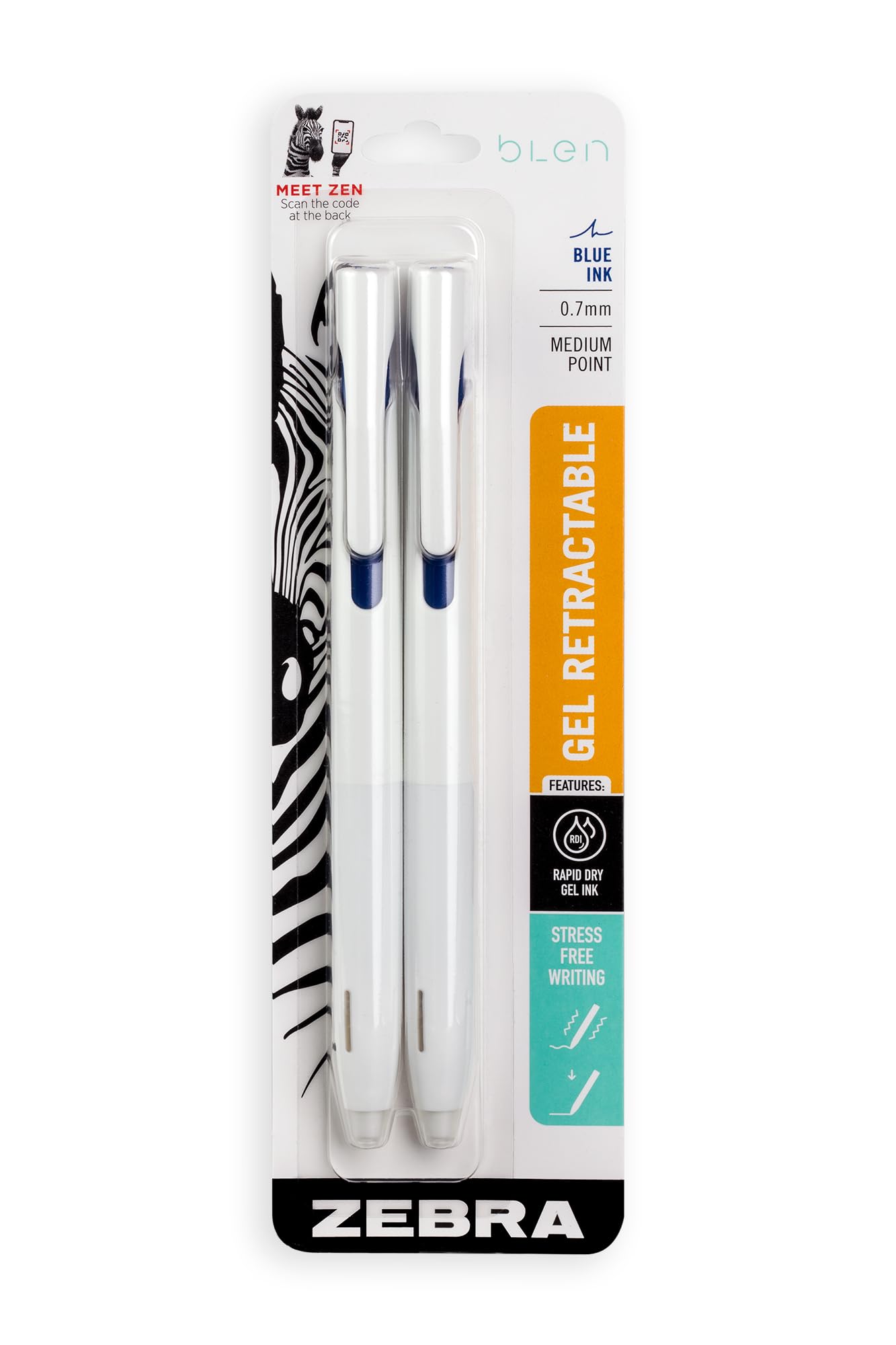 Zebra Pen, bLen Retractable Gel Pens, Medium Point 0.7mm, Blue Ink, White Barrels, Rapid Dry Gel Ink, Low Vibration for More Stable, Easier to Control Writing, Refillable, 2-Pack (41422)