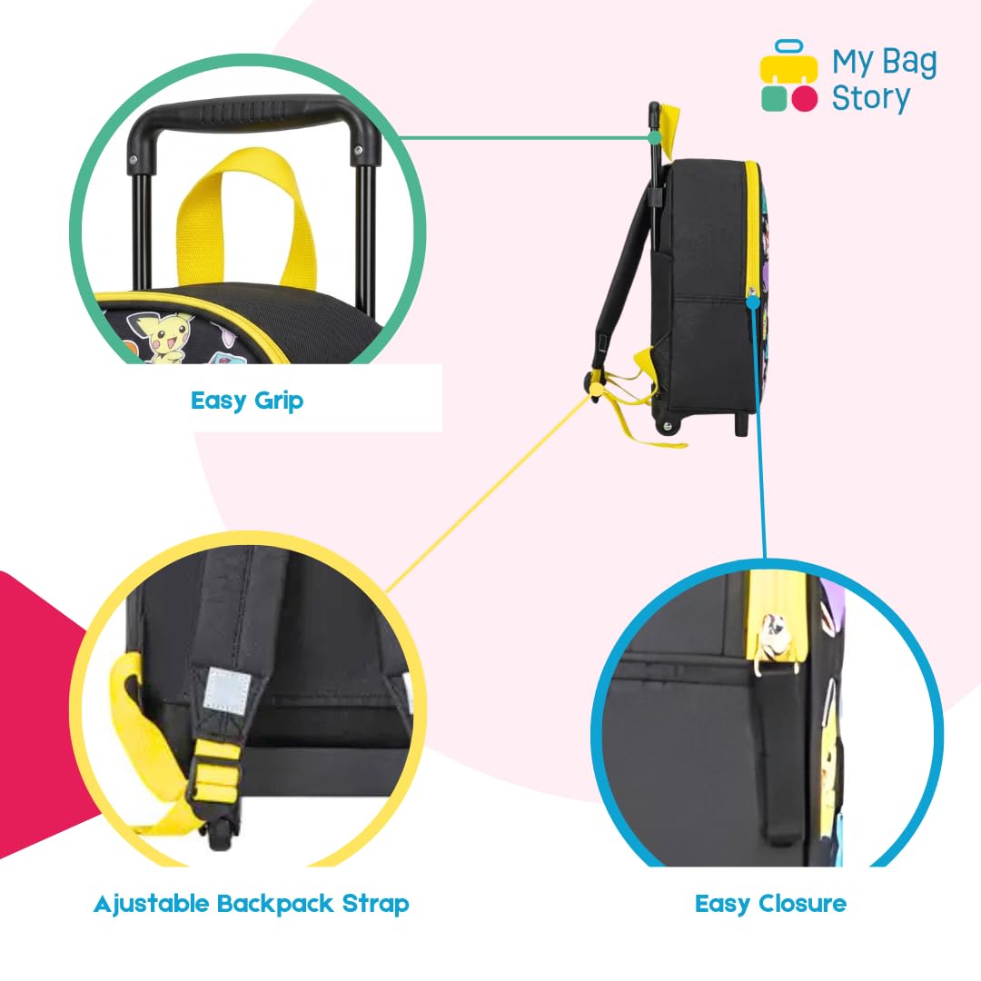 mybagstory | Sac à Dos à roulettes Pokémon 32cm | Cartable Trolley Enfant Pikachu Noir et Jaune | Sac Scolaire Maternelle et Loisirs | Polyester Résistant