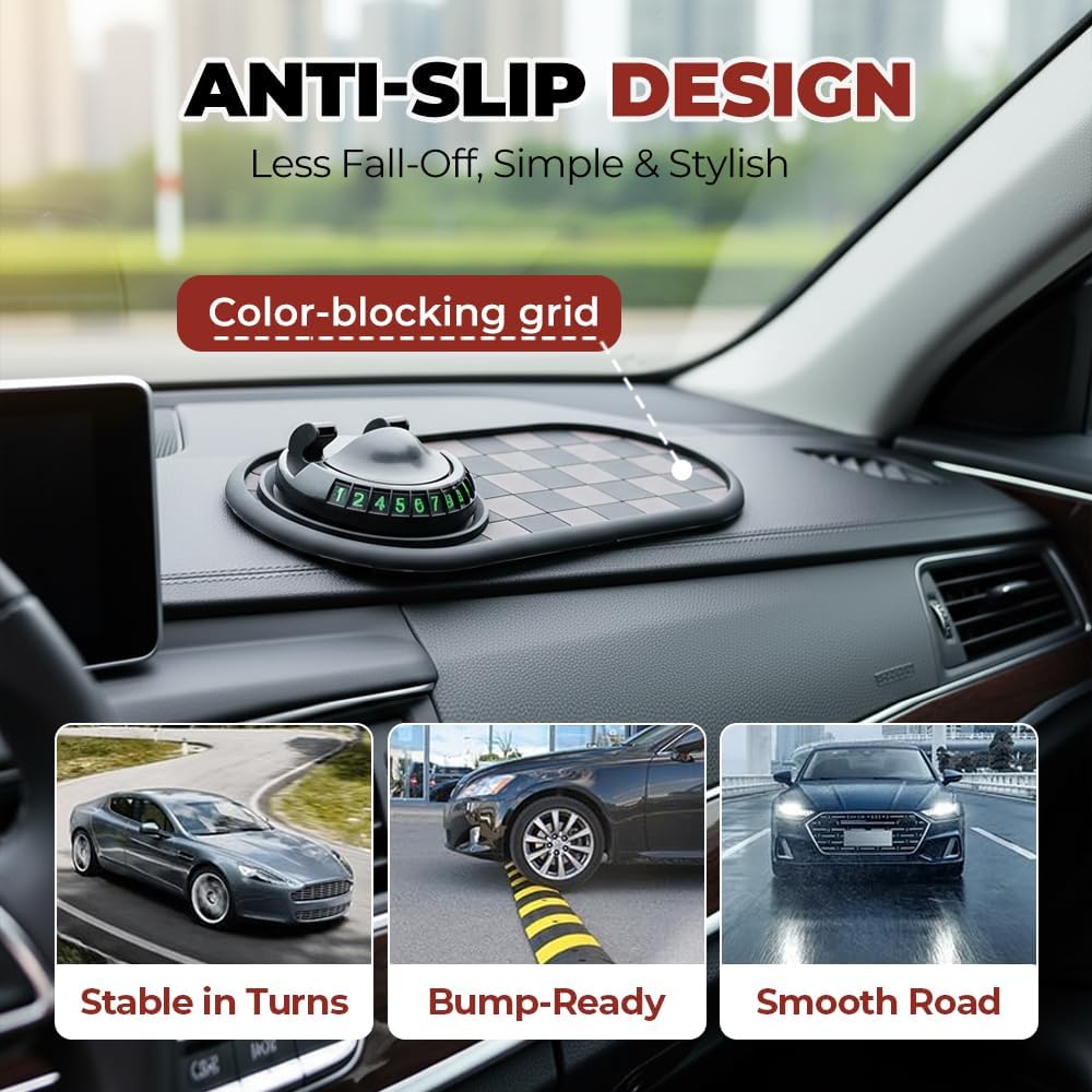 Multifunctional Car Anti-Slip Mat with 360° Rotating Phone Holder & Temporary Parking Number, Anti Slip Mat for Car Dashboard, Multi Functional Cell Phone Holder for Sunglasses Keys Small Items (#B) — view 4