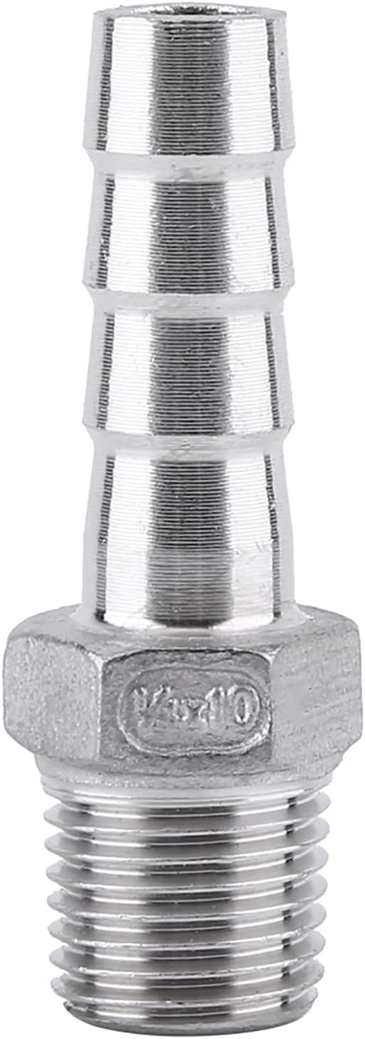 304 Stainless Steel Male Thread Tube Barb Hose Connector Quick Fit Joint for Transportation of Water, Gas and Liquids (1/4''*10mm)