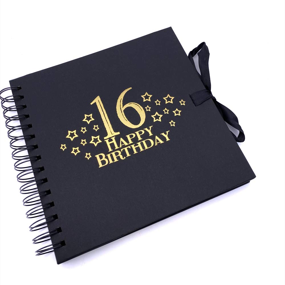 16th Birthday Black Scrapbook, Guest Book Or Photo album With Gold Script