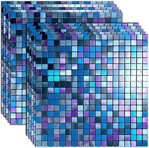 XUANINY Peel and Stick Backsplash Tiles for Kitchen,Bathroom,Fireplace,Self Adhesive Metal Aluminum Mosaic (12"x12") (10, Blue and Purple Mixed)