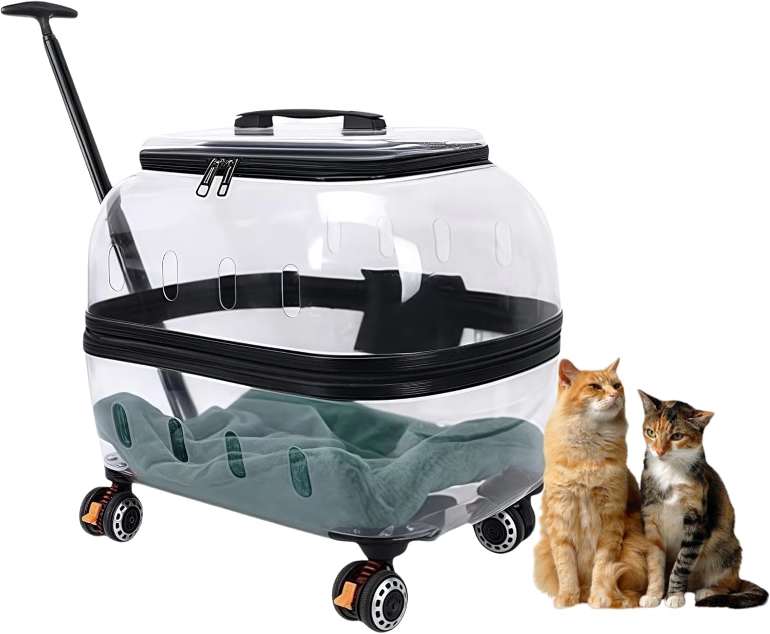 Portable Pet Carrier with Wheels, Clear Rolling Cat Travel Case, Retractable Handle, Pink Trim, 19x14x18 inches (Transparent)