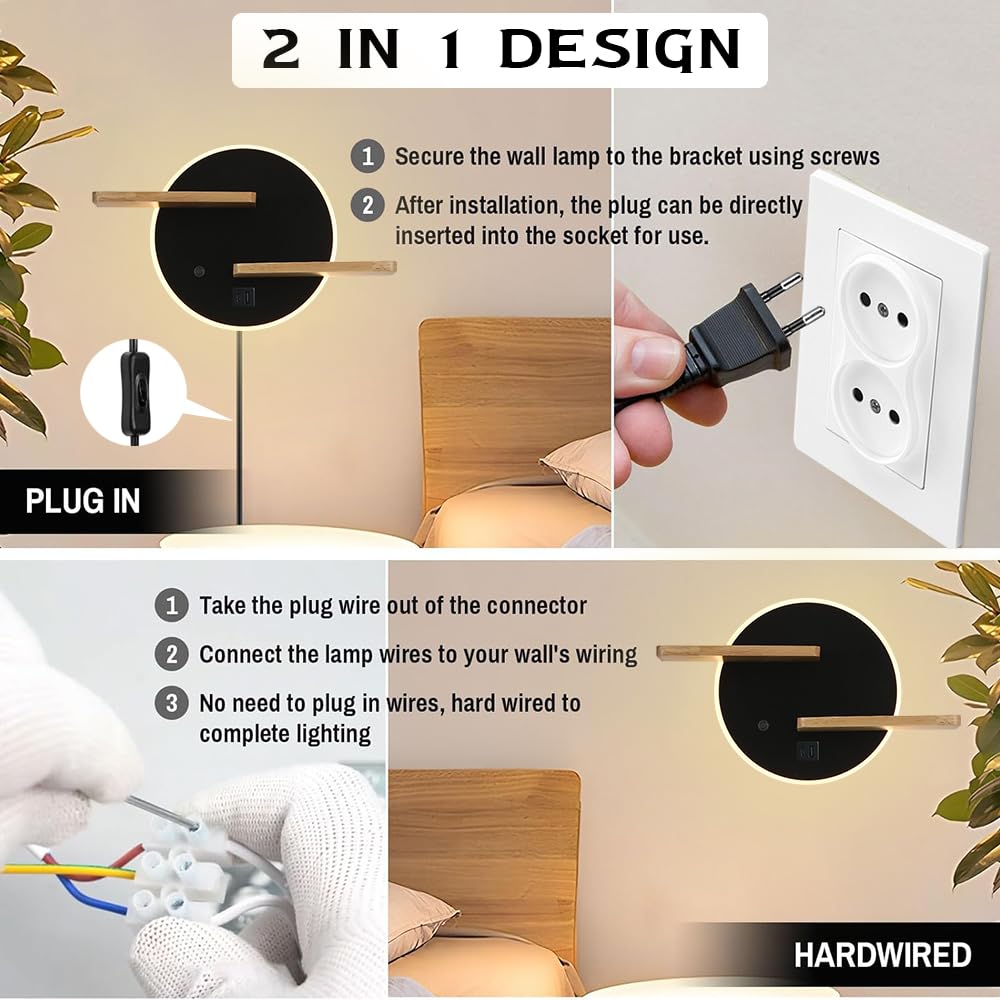 KZT Wandleuchte Innen Nachttischlampe Dimmbar Touch Schalter LED Wandlampe mit Kabel USB + TYPE C Ladeanschluss Wandbeleuchtung Schlafzimmer Bettlampe Leselicht für Schlafzimmer Wohnzimmer Hotel