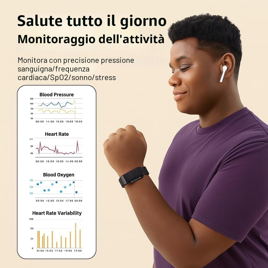 Smart Band, Fitness Tracker Bracciale Intelligente Uomo Donna, Smartband Sportiva Contapassi con GPS Integrato, Batteria Oltre 1 Mese, Cardiofrequenzimetro da Polso, SpO₂, Notifiche WhatsApp