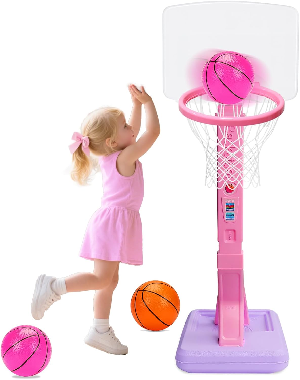 Toddler Pink Basketball Hoop Indoor Outdoor, Adjustable Kids Basketball Hoops with 3 Balls Backyard Outside, Girls Mini Basketball Hoop Goal Sport Toy, Birthday for Baby Girls Age 3 4