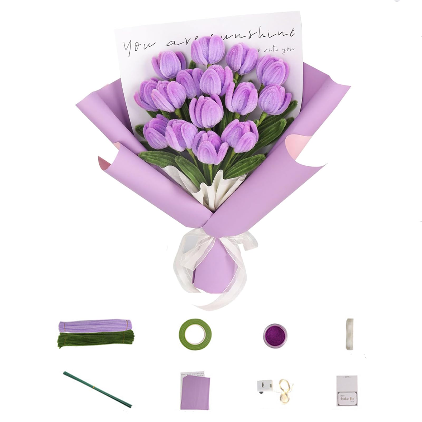 チューリップ花束 手芸モール DIY手作り用 柔らかい 自由に曲げ可能 造花 ラッピング用品付き 記念日 誕生日 母の日 バレンタインデー 贈り物（グラデーションパープル）