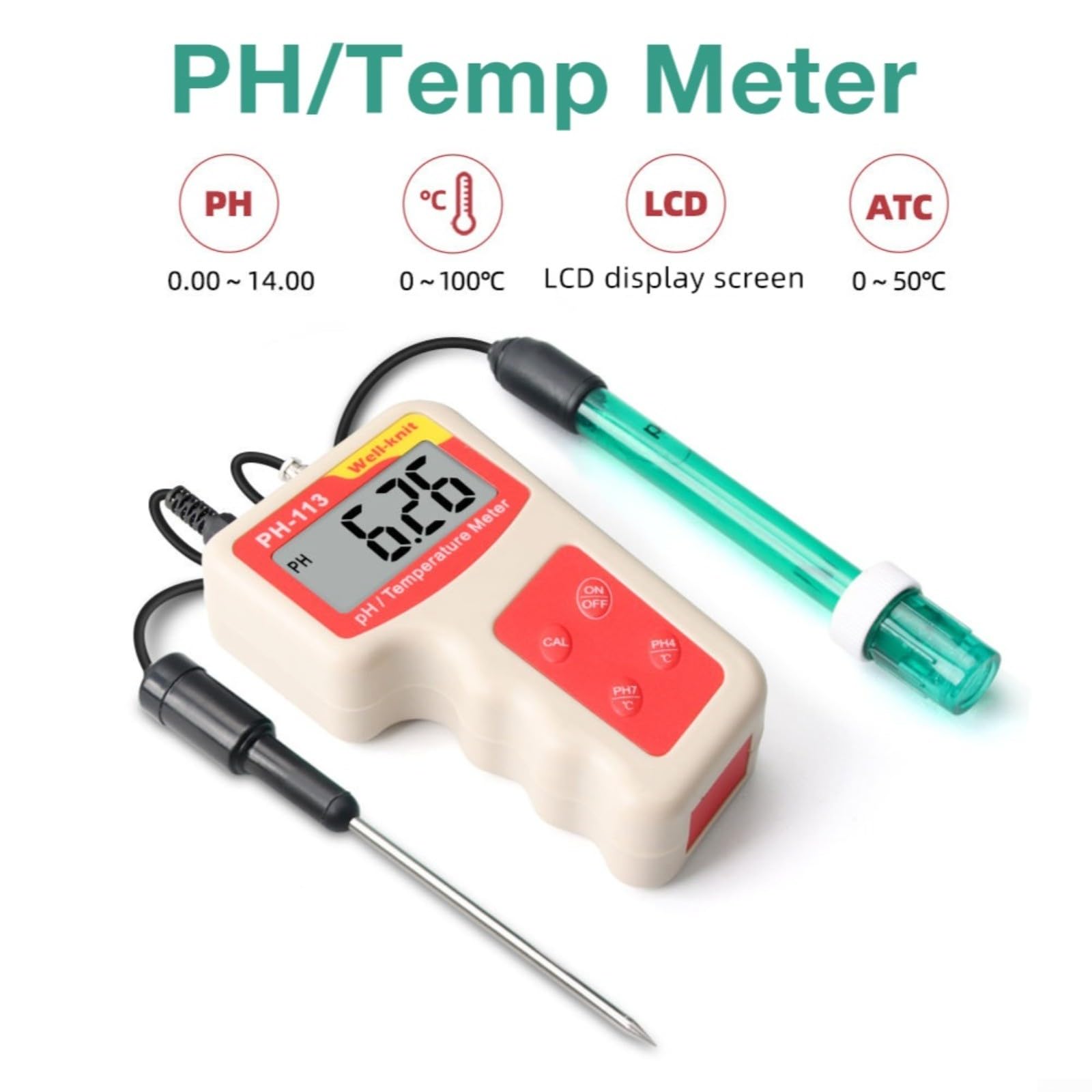 Tester di pH e temperatura 2 in 1 per monitoraggio dell'acqua acquatica, penna di prova dell'acqua ad alta precisione con display LCD, compensazione automatica della temperatura