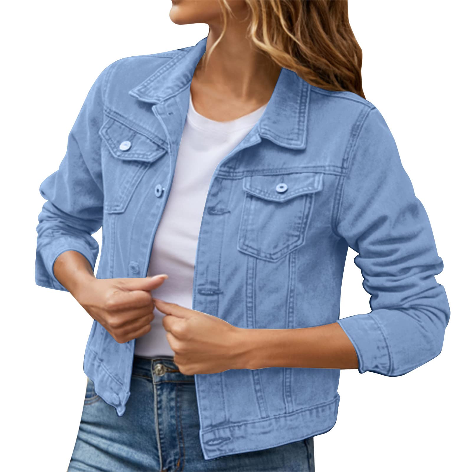 Veste basique en coton denim pour femme avec poches - Veste en jean - Blazer long - Couleur unie - Veste décontractée - Coupe-vent - Élégant blazer d'affaires