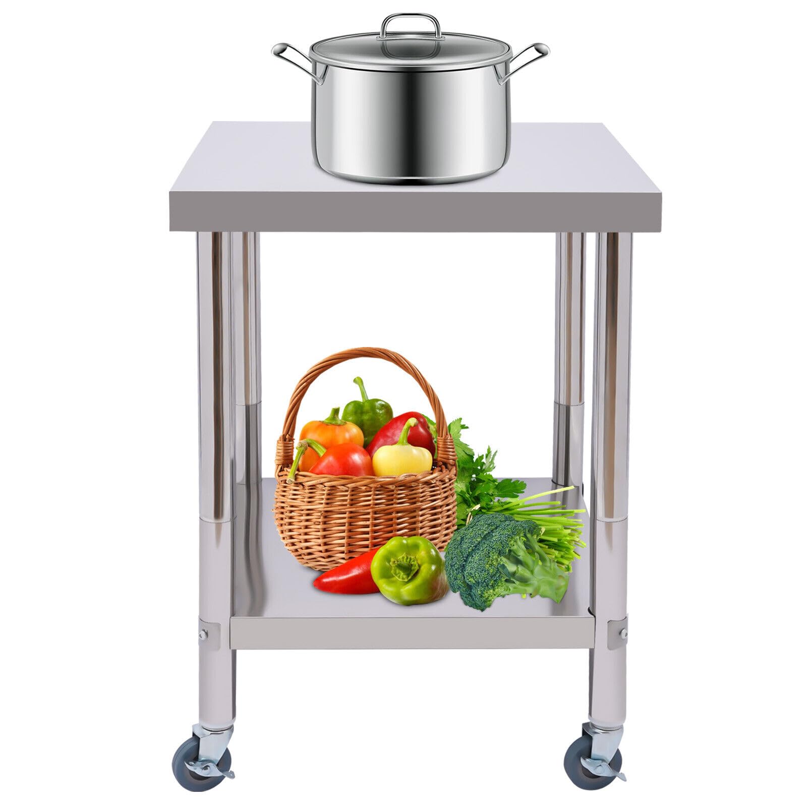 Mesa de cocina, mesa de acero inoxidable, mesa de trabajo, mesa de acero inoxidable, 2 baldas con estante inferior y ruedas, para cocinas, hoteles, panaderías, restaurantes, 60 x 60 x 85 cm