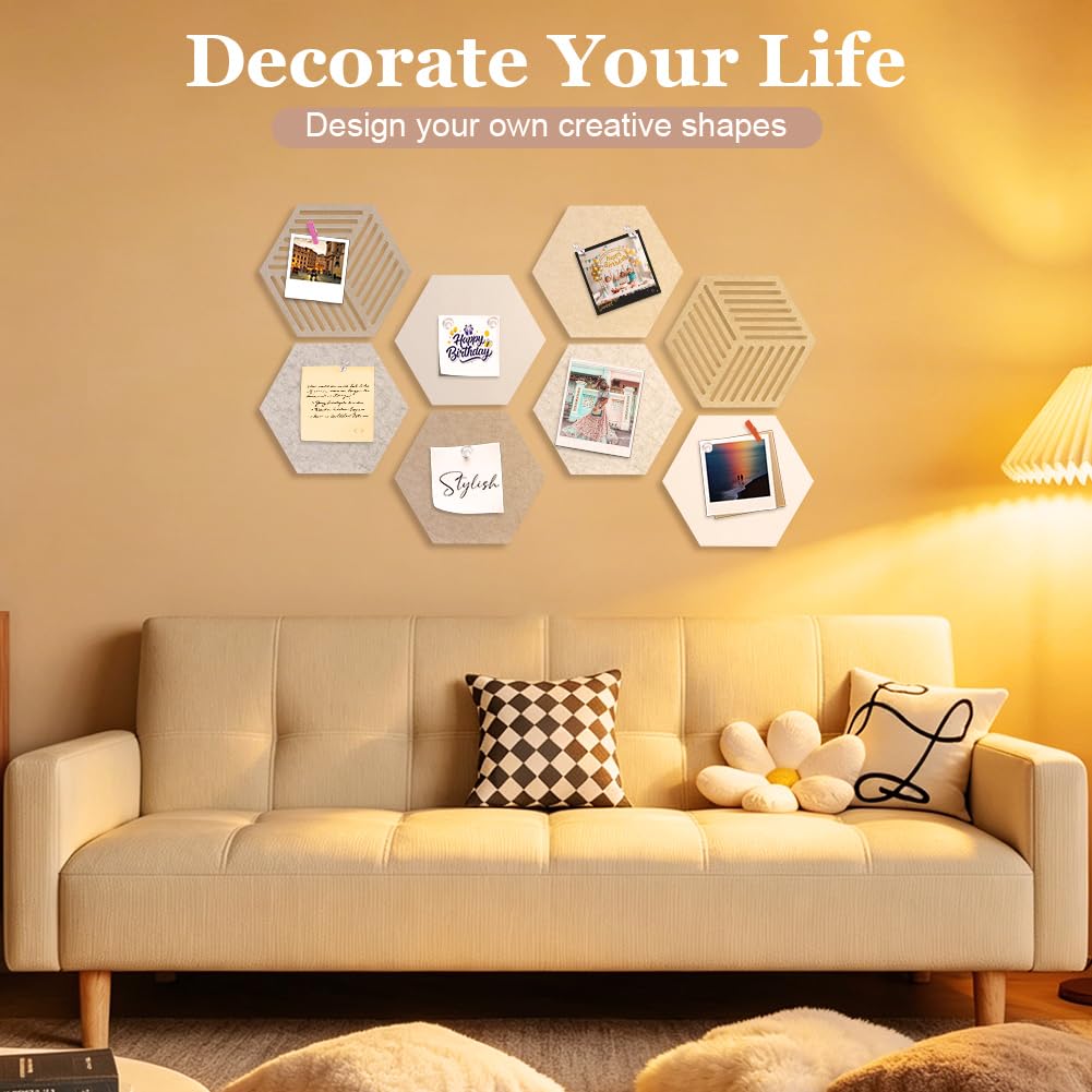 Ainiv 8 Stück Sechseckige Filz Pinnwand, Selbstklebende Heimwerken Pinnwand, Memotafeln Pinwand, Vision Board mit 40 Pinnnadeln und 10 Bunten Holzclips, Korkwand für Büro Home Schlafzimmer (Kameltöne)