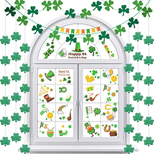 8 Pieces Shamrock Banner Irish Clover Garland and 6 Pieces St. Patrick's Day Window Shamrock Stickers Window Clings for St. Patrick's Day Hanging Decorations
