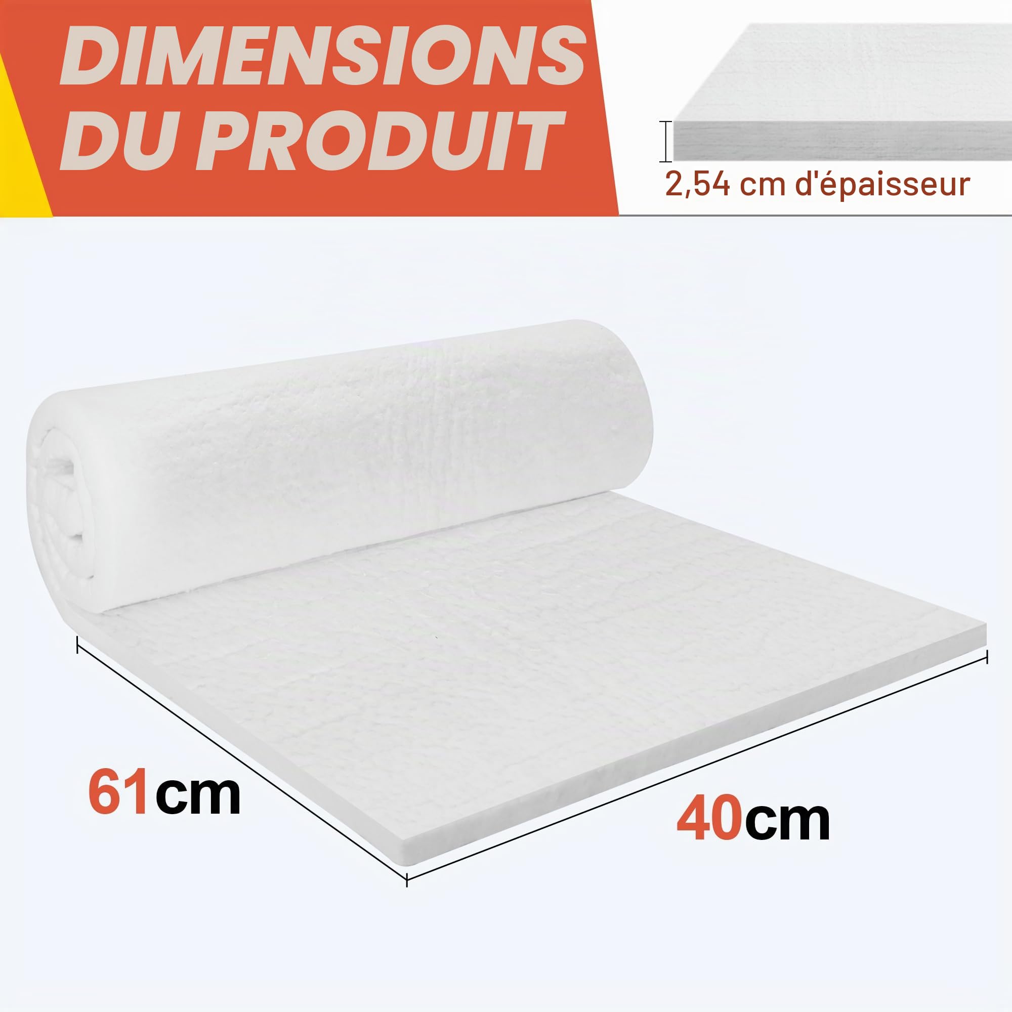 Couverture en fibre de céramique, 1500℃/2700℉, Isolation ignifuge pour lave-vaisselle, fours, forges, chaudières, fours à pizza et forge (61 X 40 X 2,54 cm)