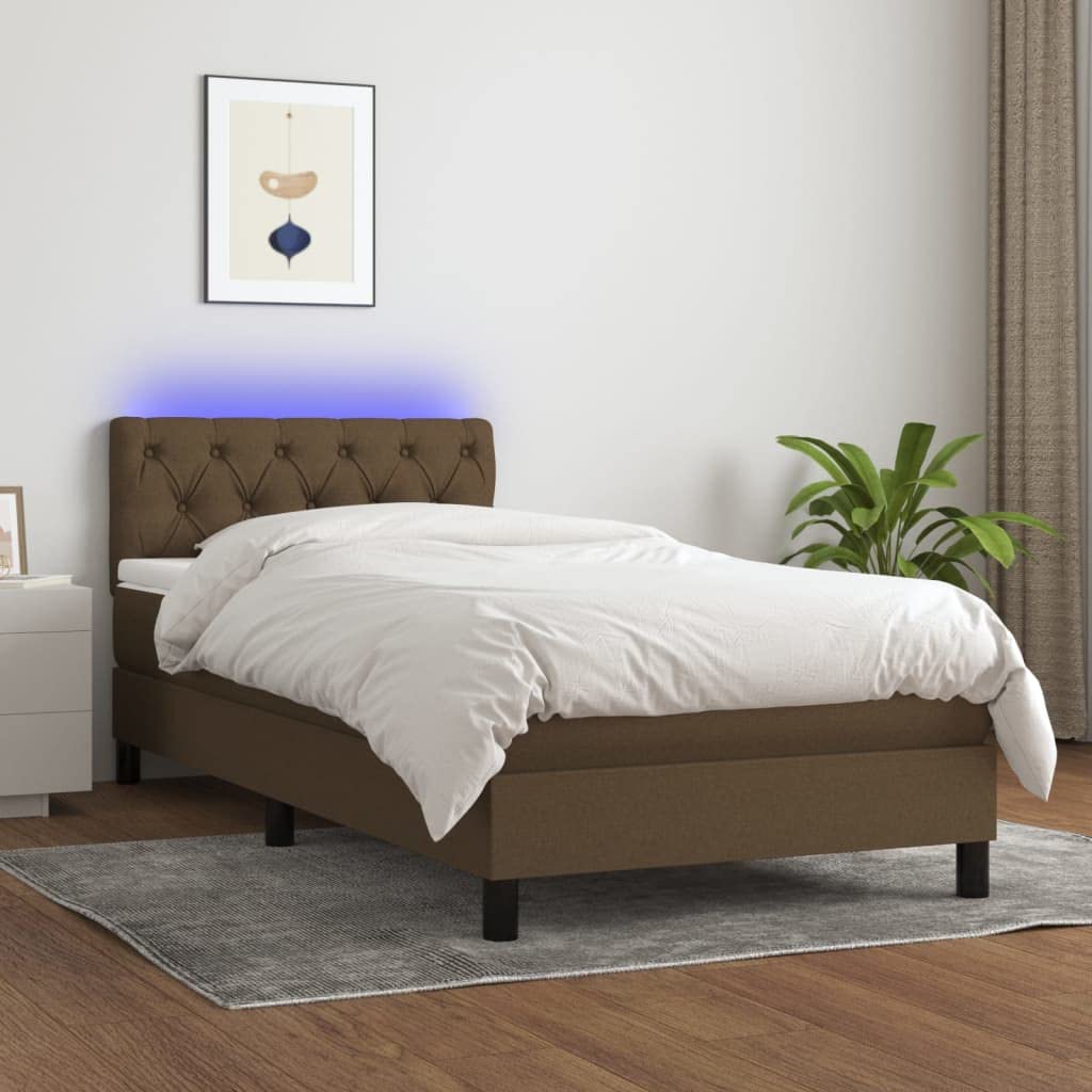 Cama con somier de 80 x 200 cm, color marrón oscuro, con colchón de muelles ensacados LED, cabecero regulable en altura, para jóvenes/invitados/dormitorio pequeño