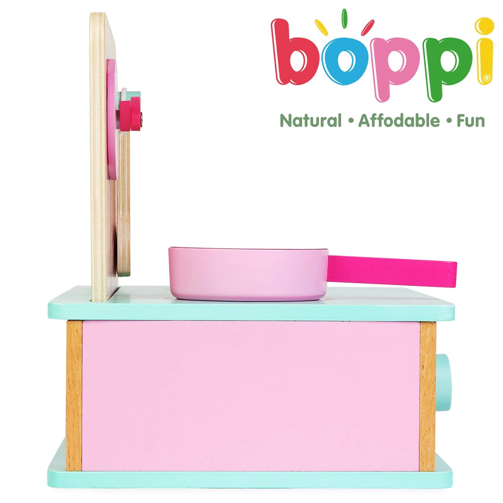 boppi Piano cottura in legno da tavolo per bambini, giocattolo da cucina per fingere di giocare a fornello, utensile da cucina e casseruola, giocattoli e accessori per bambini dai 3 anni in su