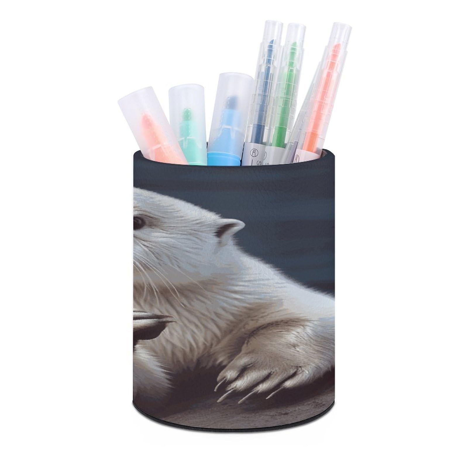 JTREHY - Round White Otter Pen Holder Makeup Brush Holder PU Leather Cups Stationery Organizer Office Accessories Container Box