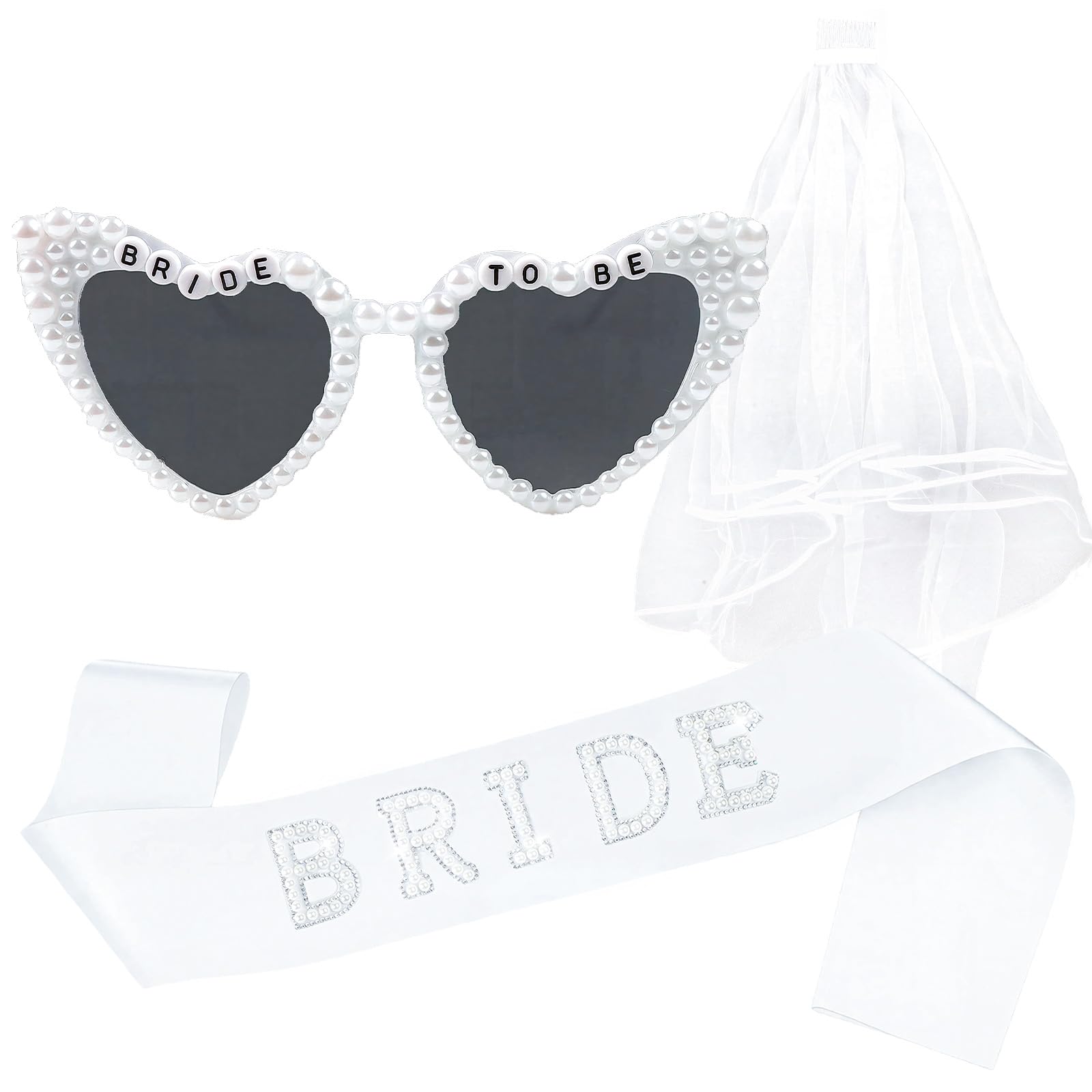 LLMSIX Bride to Be Sash and Veil Heart Shape Bride to Be Sunglasses Set, Bridal Sash Sunglasses and Veil for Wedding Bridal Shower Decorations & Engagement Party Supplies