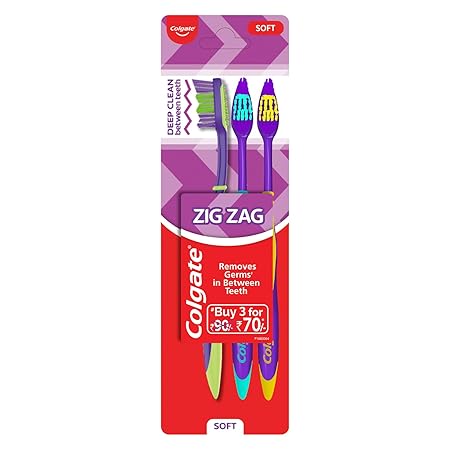 Colgate Zigzag Soft Bristle Manual Toothbrush For Adults - 3 Pcs, Multicolour, Compact Brush Head For Deep & Complete Cleansing