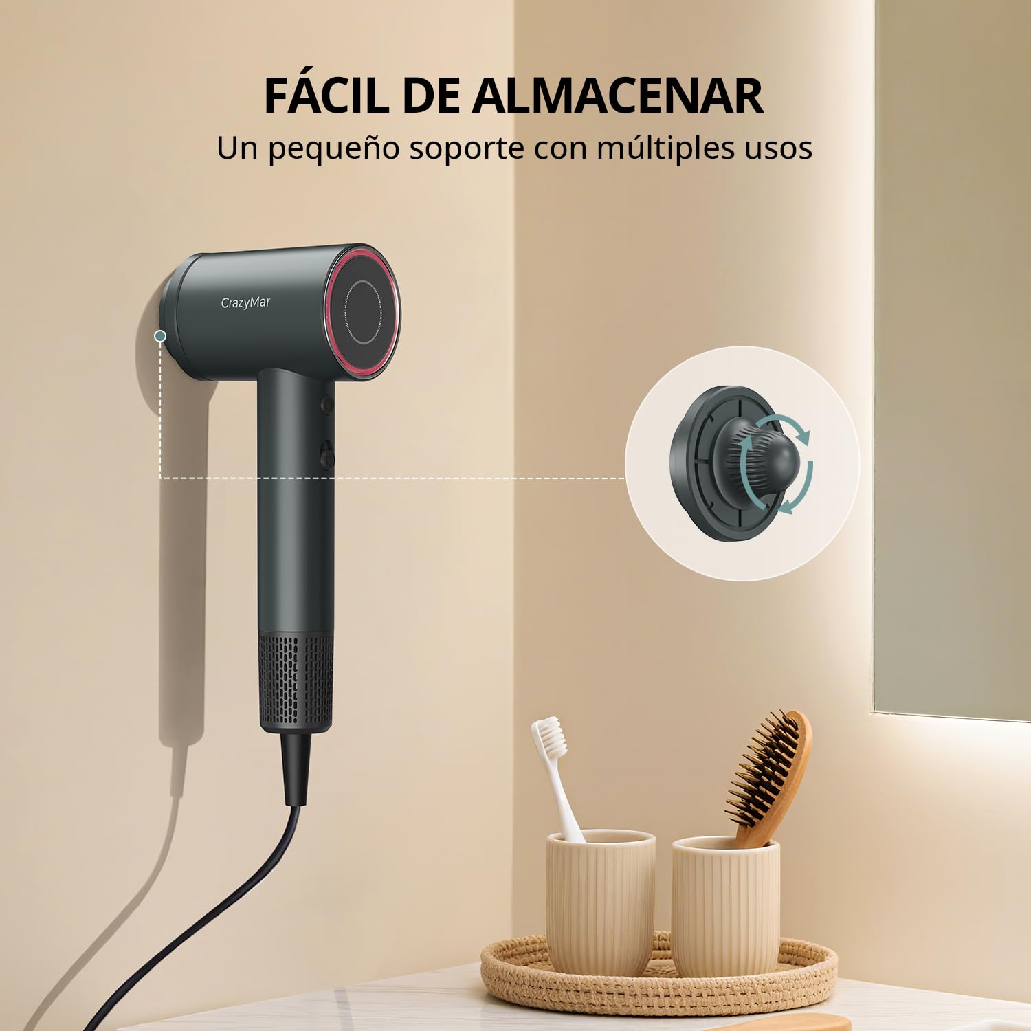 CrazyMar Secador Pelo Ionico,Secador Pelo Profesional Portátil 180000 RPM,500M Iones,Secado Rápido Secador de Viaje Potente,4 Niveles de Temperatura,Protección Contra Sobrecalentamiento