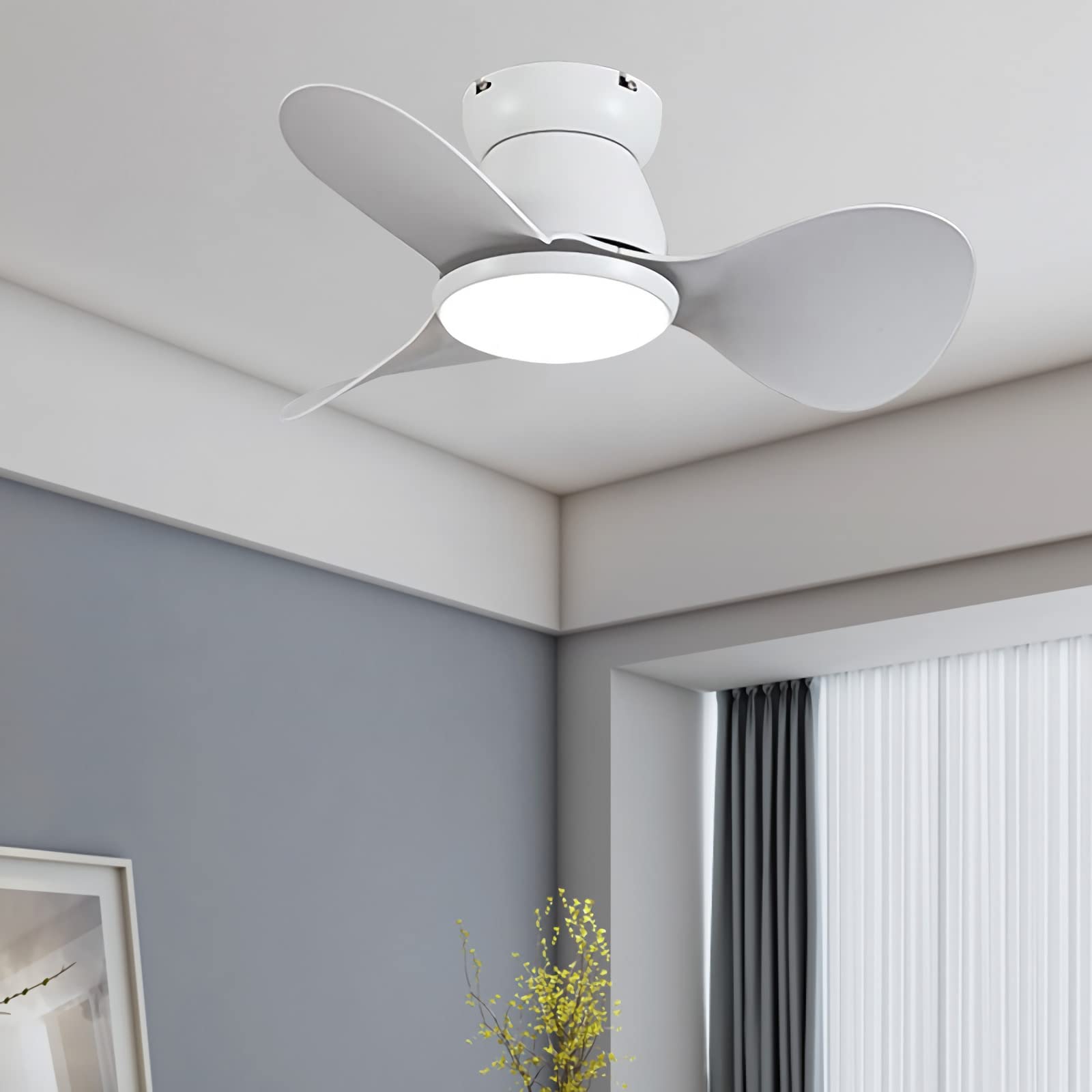 YUNZI Children's Small Ceiling Fan with APP & Remote Control Modern Design 3 Colour Light 6 Air Speed for Children's Room Living Room with Timer-White
