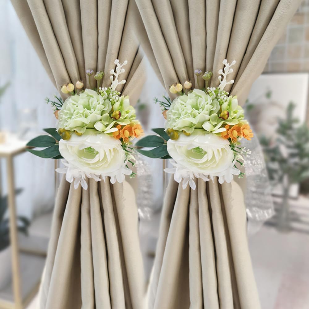qbodp 2 Pièces Embrasses À Rideaux, Embrasses De Fleurs Artificielles pour Rideaux, Embrasses De Rideaux Décoratives pour Salle De Mariage pour Fille, Vert