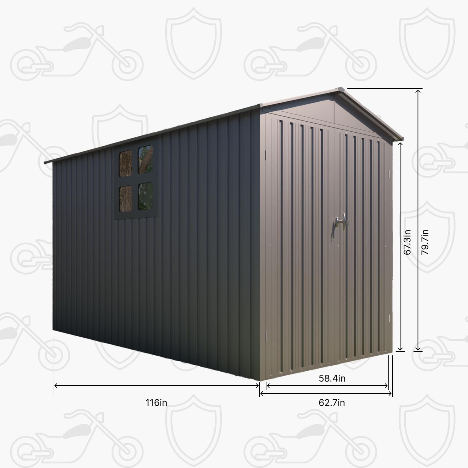 Diagram showing the dimensions of the LINKHOO motorcycle storage shed: 116 inches length, 62.7 inches width, 58.4 inches side height, 67.3 inches peak height, and 79.7 inches total height.