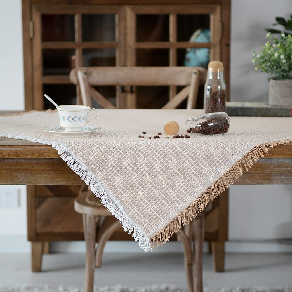 ARTABLE Rustic Tablecloth Sofa Covers Blanket Cotton Polyester Offwhite Khaki Geometrical Knitted Tassels Table Cover for Home Decor Holiday Kitchen Dining Buffet (Khaki, 90x90cm)
