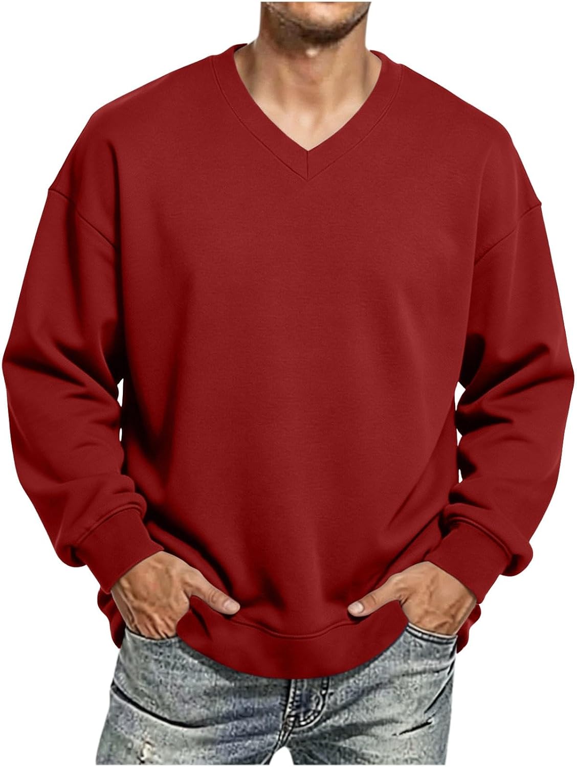 Mens V Neck Sweatshirts Dropped Shoulder Pullover Tops | Deep V Collar Sweaters, Oversized Fit Casual Tops, Minimalist Lounge Wear, Smooth Fleece Interior Pullover Shirts