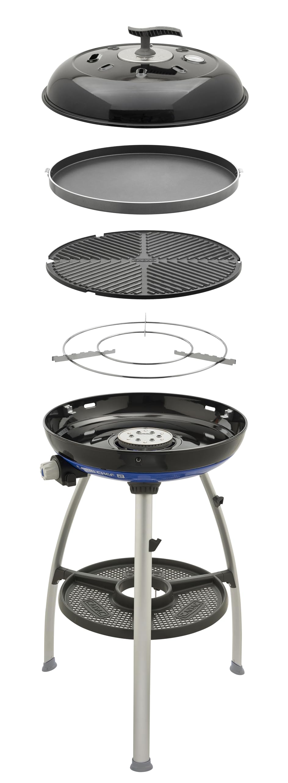 CADAC Carri Chef 50 BBQ/Dome Set + Poêle à Paella 50-30mbar - Barbecue à Gaz avec Surface de Cuisson ø46cm, Revêtement GreenGrill & Thermomètre - Sacs de Transport Inclus - Utilisation en extérieur