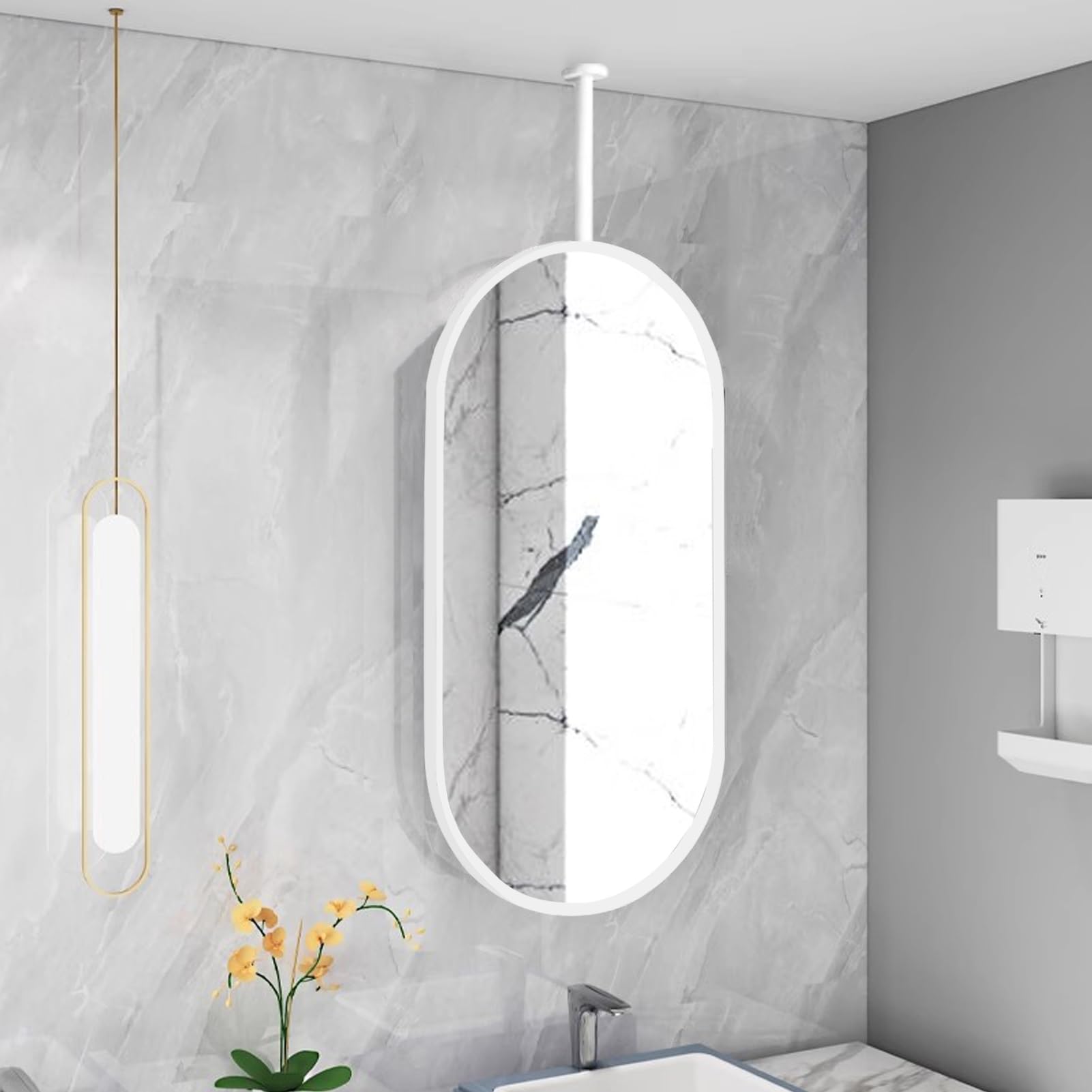 Specchio da soffitto con Asta di Sospensione, Bianco | Specchio da Bagno con Cornice in Metallo e Asta di Sospensione a soffitto, Braccio Personalizzabile (Dimensioni: 50 cm x 70 cm)