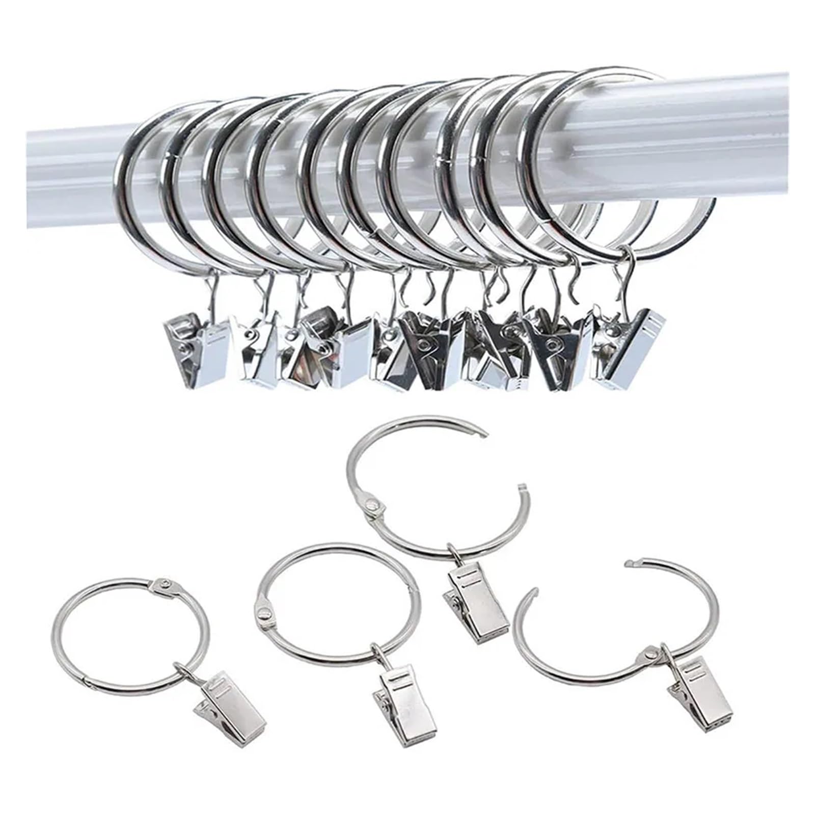 Curtain Rings 12 Pack Curtain Rings With Clips Openable Drapery Metal Clip Hangers Ring For Windows Rods(Silver,Ring Diameter 2.5CM)