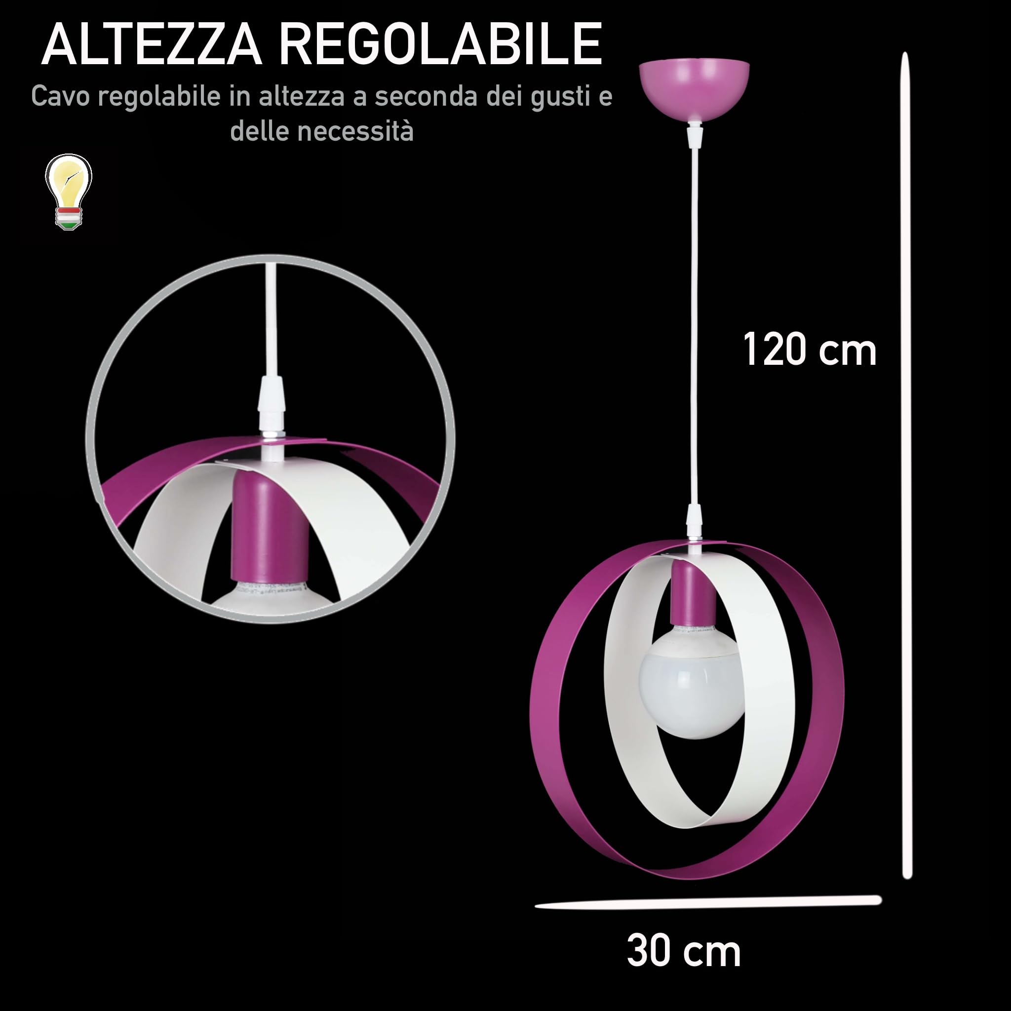 Generico ORALAMP Lampadario a Sospensione Stile Moderno in Ferro Vari Colori, Lampadario per Cameretta, Camera da Letto, Soggiorno PAT/1/S (Bianco Fucsia)