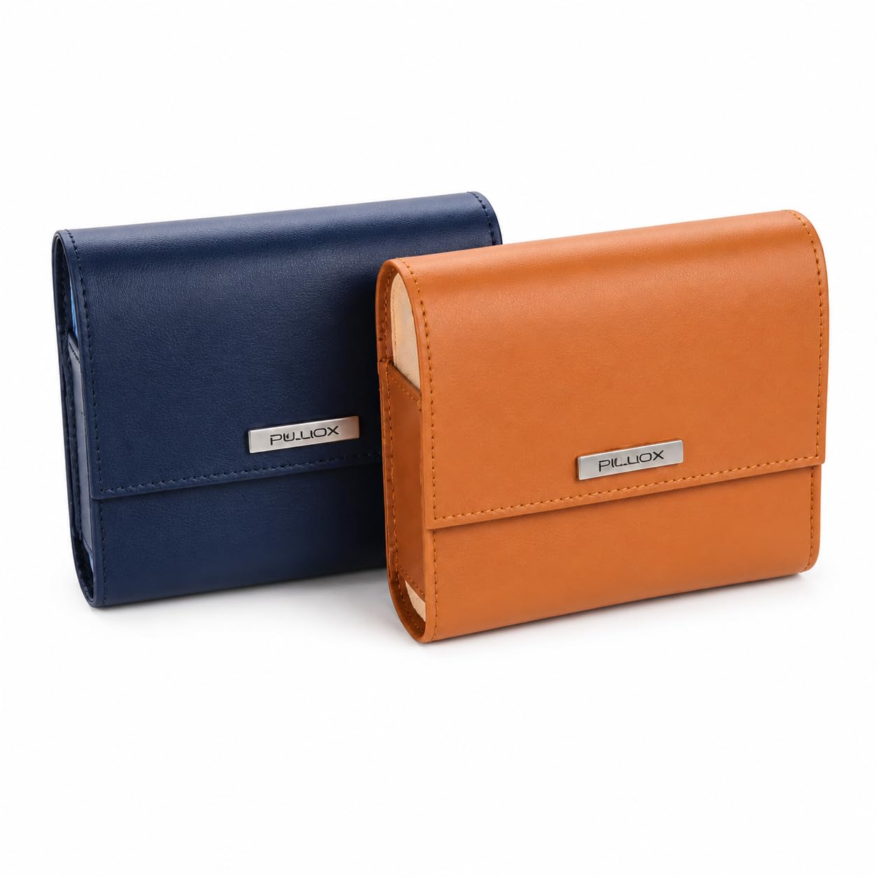 Lot de 2 piluliers Pilbox Maxi – Bleu marine et camel – Étuis de rangement pour comprimés, gélules et traitement quotidien