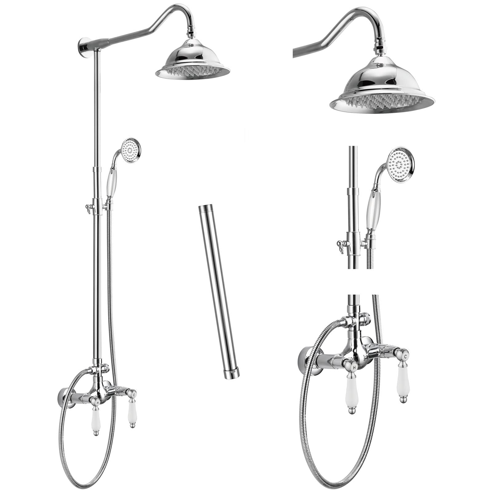 Système de Douche Pommeau de Douche en Chrome Poli Robinet à Effet Pluie de 8 Pouces Tube d'extension de 12 Pouces Inclus Douchette à Main Mitigeur à Double Levier Ensemble combiné