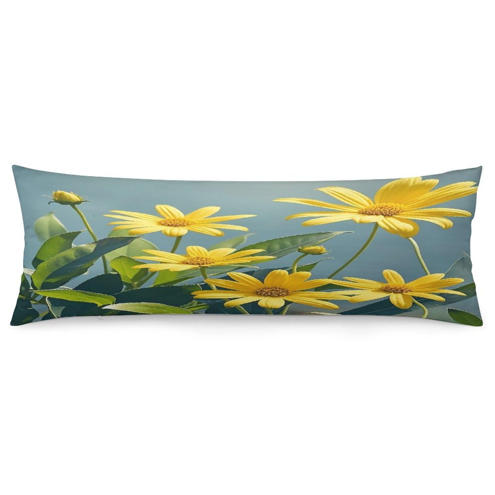 Yellow Flowers and Leaves Pillowcase Decorative Body Pillow Cover Soft Full Long Pillow Case Breathable Large Body Pillowcase Cute Cozy Pillow Sham for Bed Couch Sofa 18.9 X 53 Inch