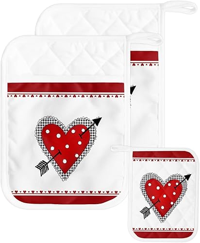 Red Love 2Pcs Pot Holders for Kitchen,Non Slip & Heat Insulation Terry Cloth Potholder Set with Pocket,Thick Hot Pad Oven Mitts Trivet Coaster for