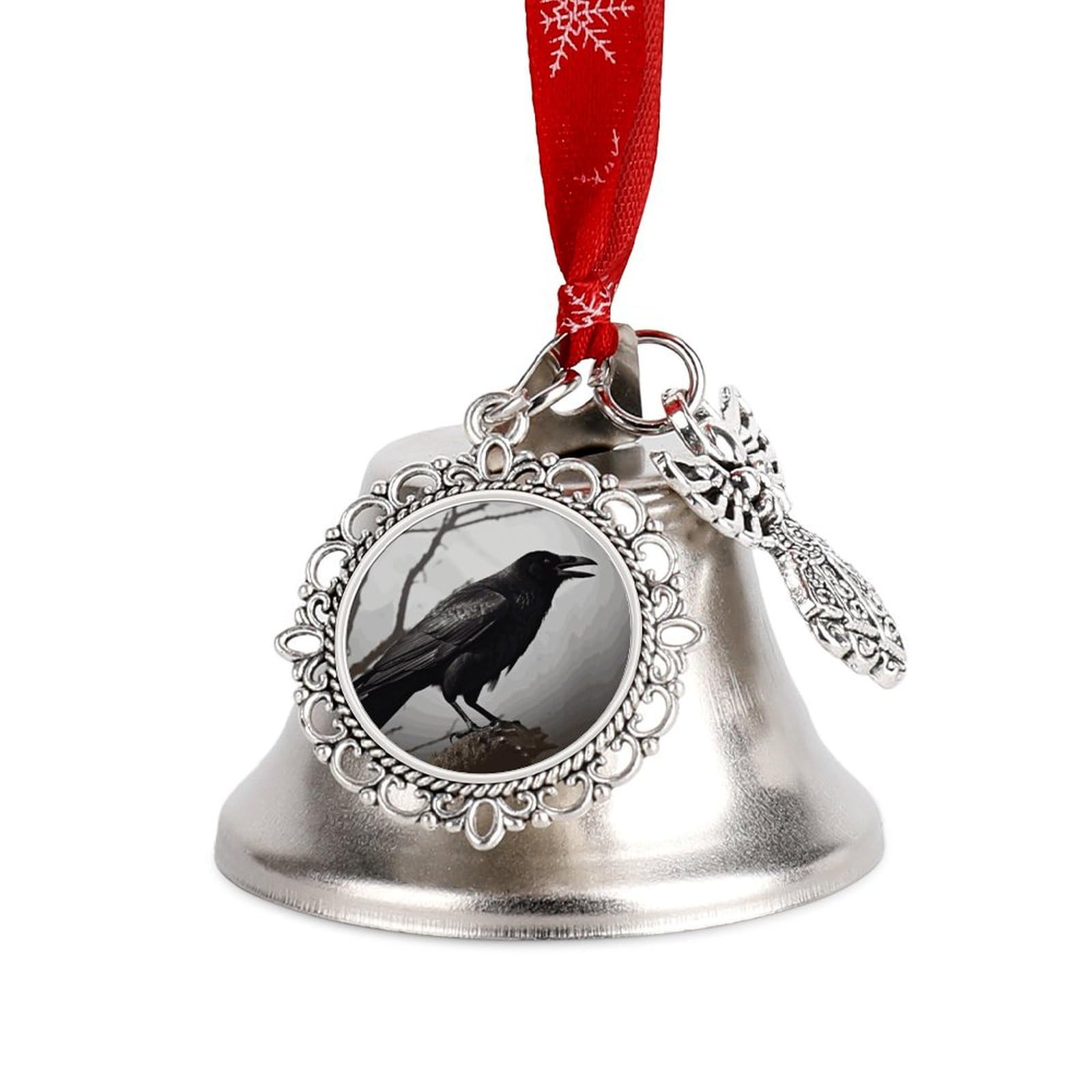 Christmas Bell Crow Birds Jingle Bell with Wings Pendant Christmas Ornament Metal Vintage Bells with Red Rope Christmas Tree Hanging for Holiday Party Decoration