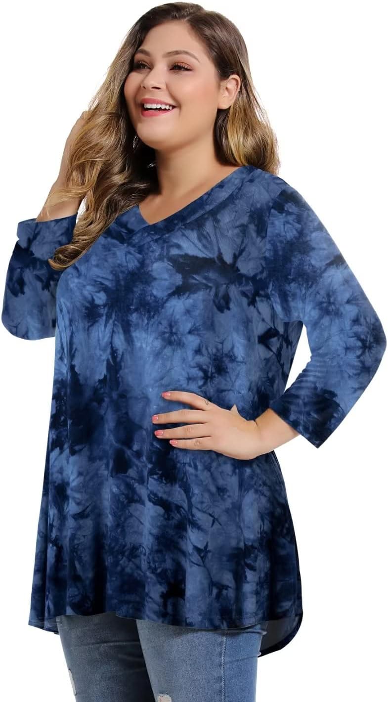 MONNURO Womens Plus Size 3/4 Sleeve V Neck Button Casual Loose Flowy Swing Tunic Tops Basic Tee Shirts for Leggings - Image 2