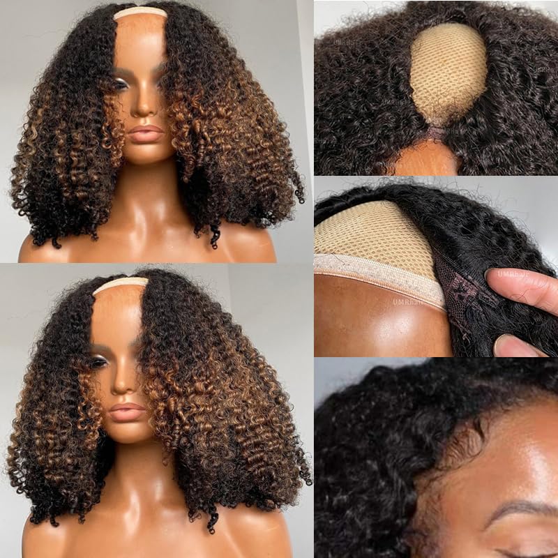 12inch Ombre Balayage Highlight Curly U Part Wig Human Hair 130% 4x2 inch Afro Kinky Curly FB30 Glueless Human Hair Upart Wigs for Black Women Full Head U Shape Clips in Half Wig No Leave Out 4B4C