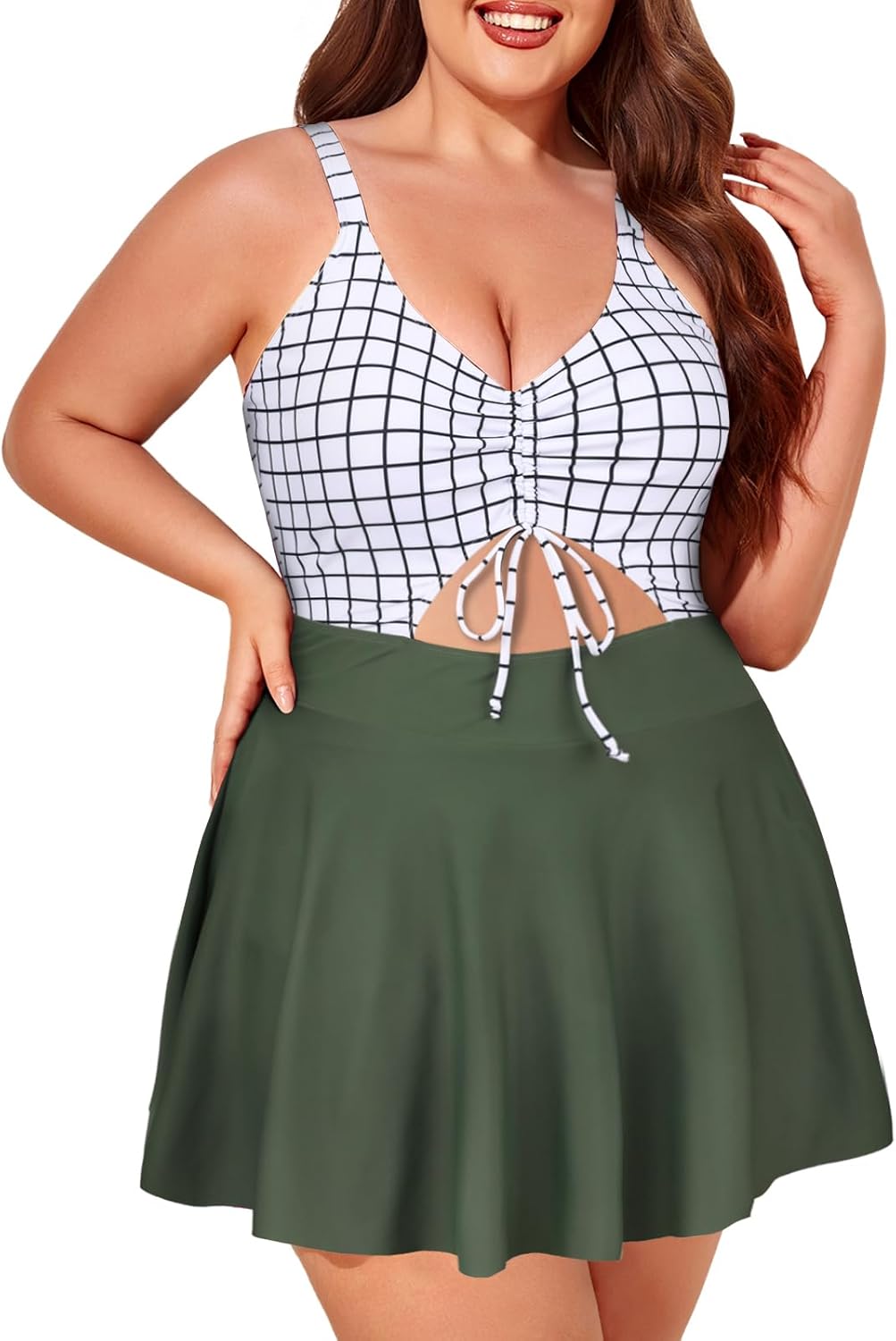 SIMILAR Summer Mae Women's Plus Size One Piece Swim Dress Floral Cutout Swimsuits V-Neck Bathing Suit with Skirt 22 Plus Grid