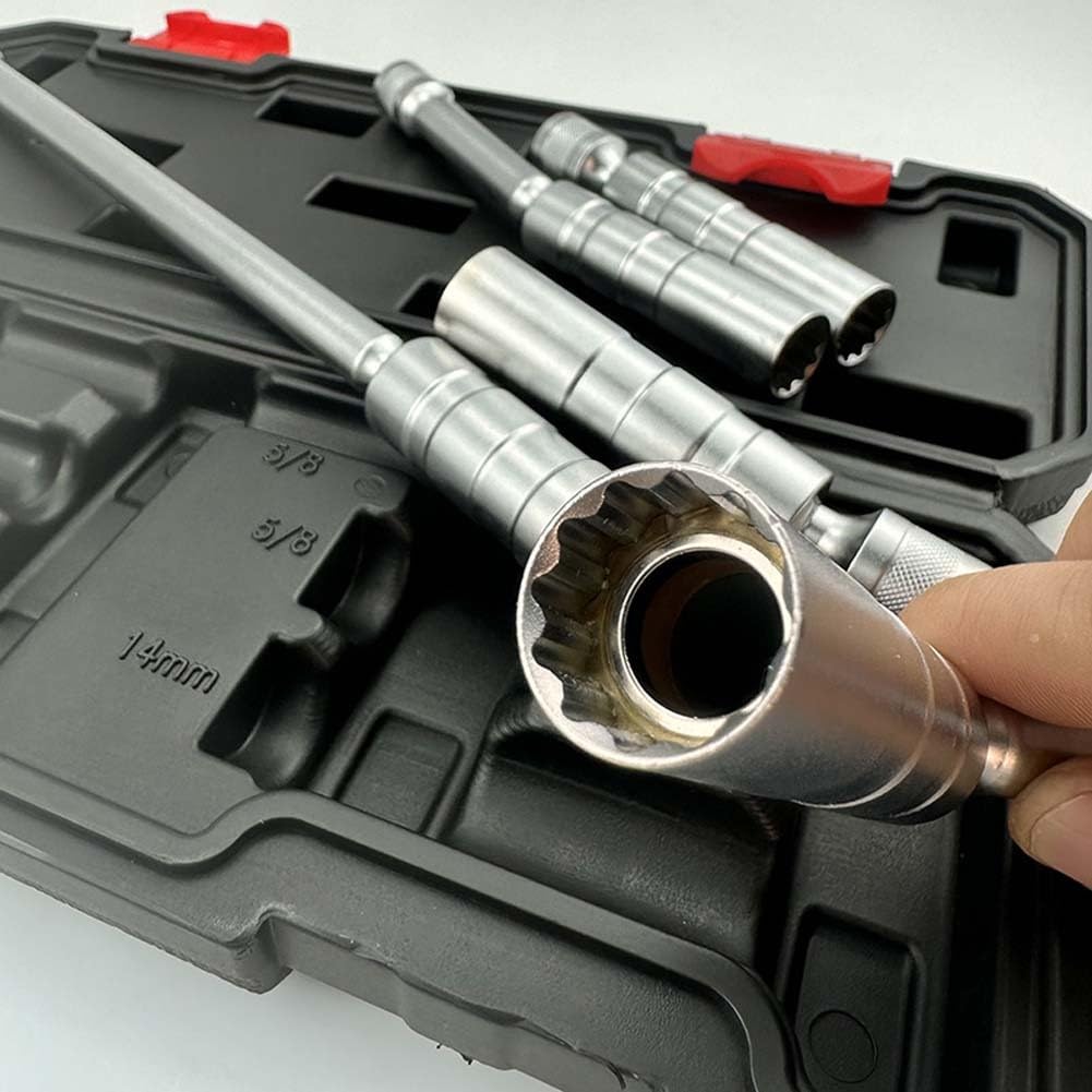 Lecreatekit 5-teiliges drehbares Zündschlüssel-Set, magnetische dünnwandige Verlängerungsschlüssel für Automobil, Motorrad, Chrom-Vanadium-Stahl, 14 mm, 9/16 5/8