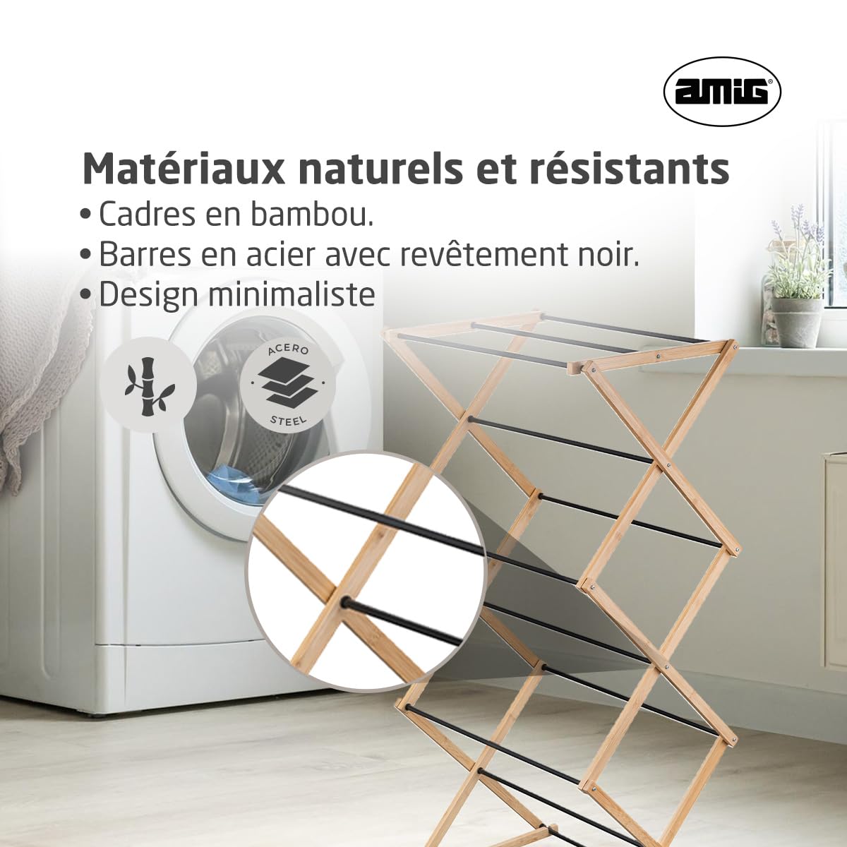 Amig - Étendoir Vertical Type Tour Pliable Mod. Aeria ZenRack - Acier époxy et Bambou - Séchoir à Linge Design Vertical - 5 m d’Espace d’étendage - 54x36x106 cm - Couleur Noir/Bambou