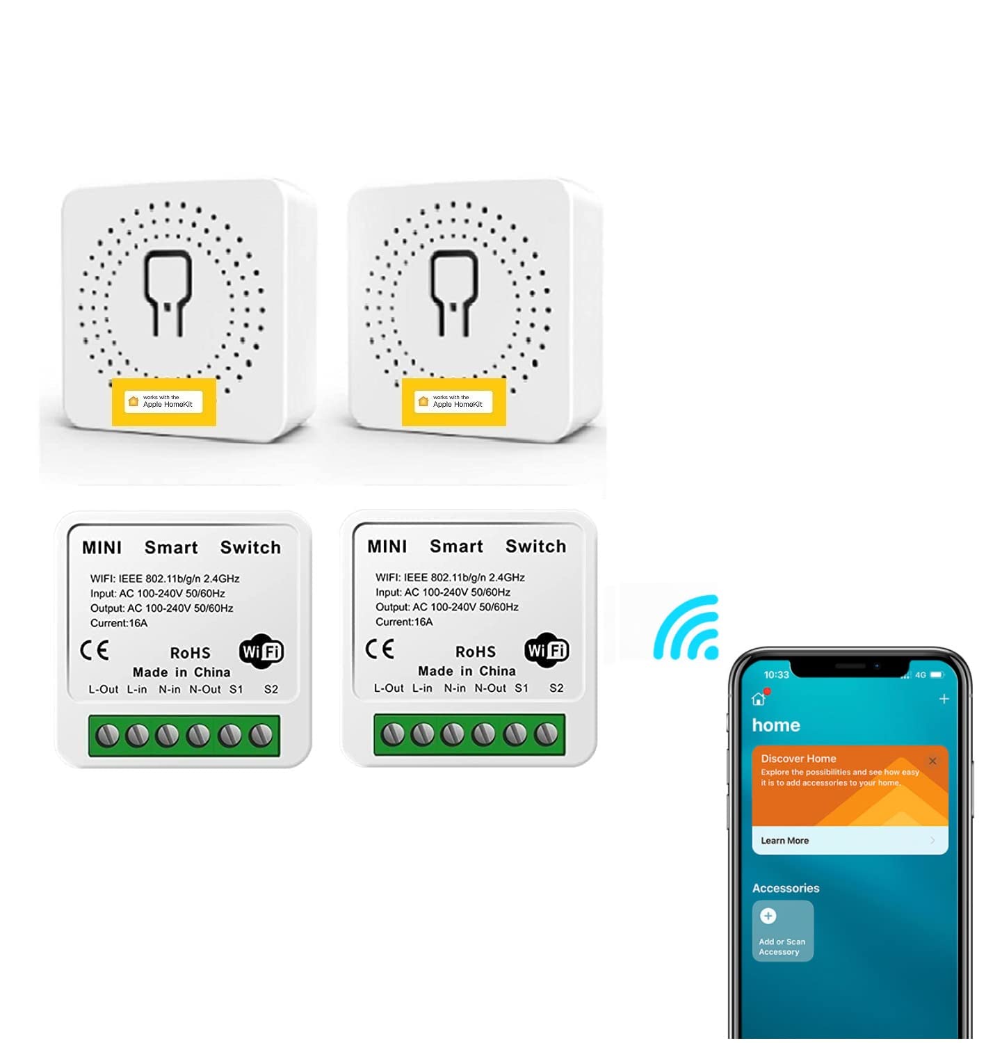 Interruptor WiFi interruptor de luz inalámbrico inteligente funciona con Apple HomeKit/Alexa/Google Home Assistant, aplicación remota/control de voz, no requiere concentrador, paquete de 4